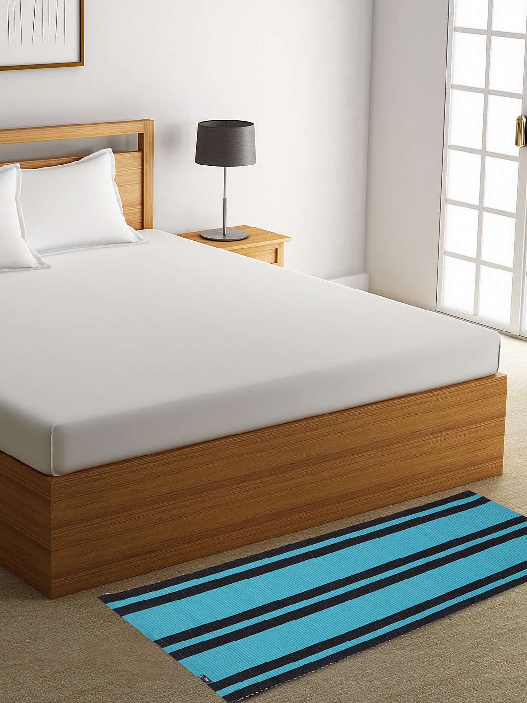 

KOTTHE Set of 2 Blue & Black Striped Anti-Skid Dhurries