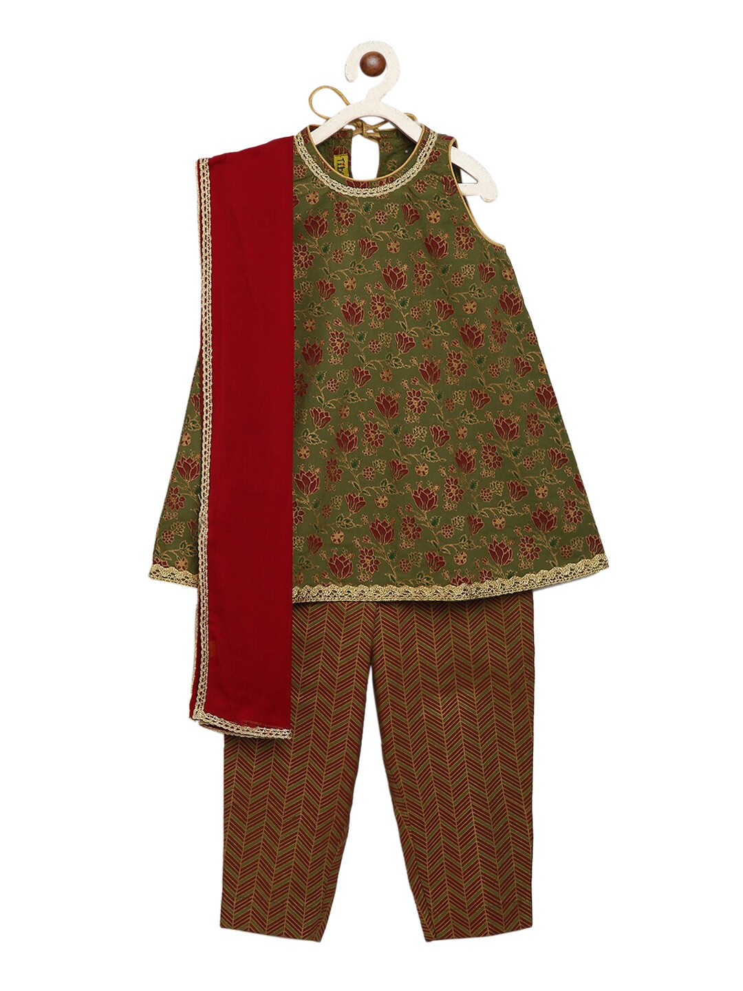 

Tiber Taber Girls Green & Red Embroidered Kurti with Trousers & Dupatta