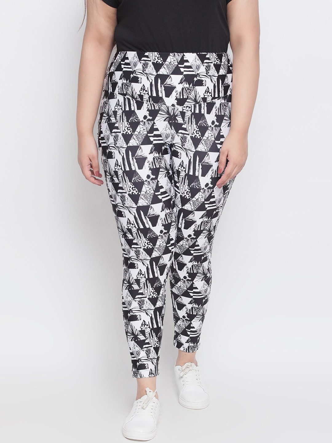 

Amydus Women Plus Size White & Black Printed Tummy Shaper Treggings