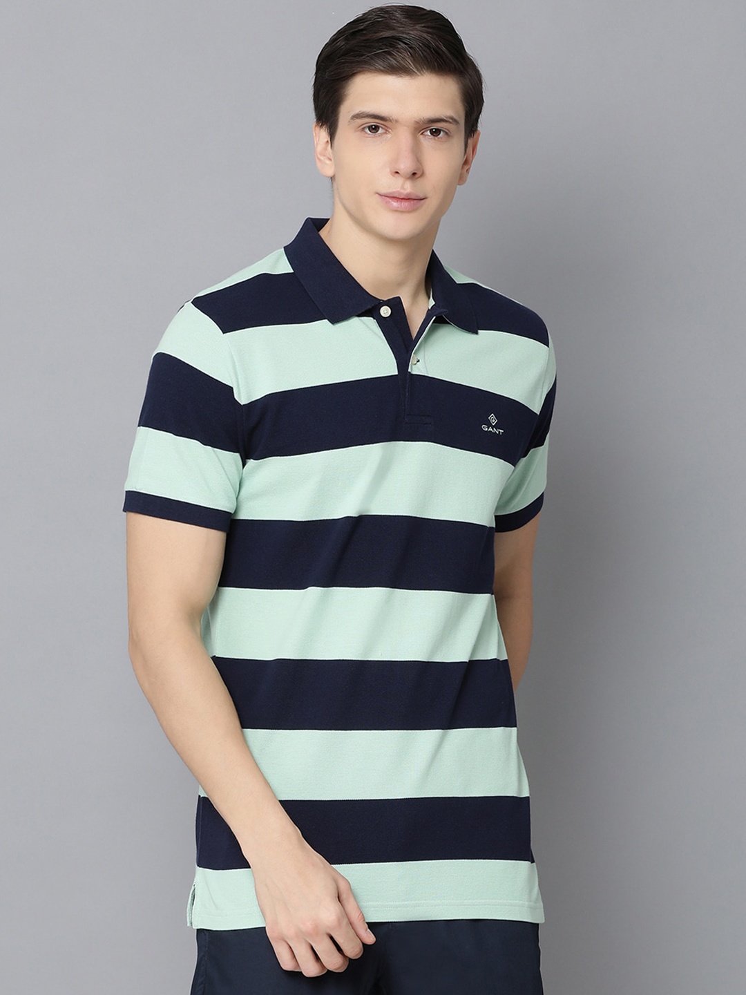 

GANT Men Navy Blue & Green Striped Polo Collar T-shirt