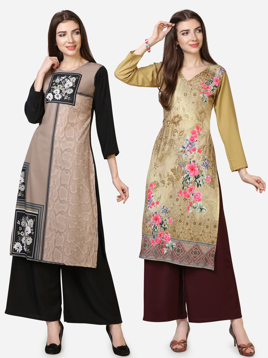 

Silk Bazar Women Pack of 2 Printed Kurta with Palazzos, Beige