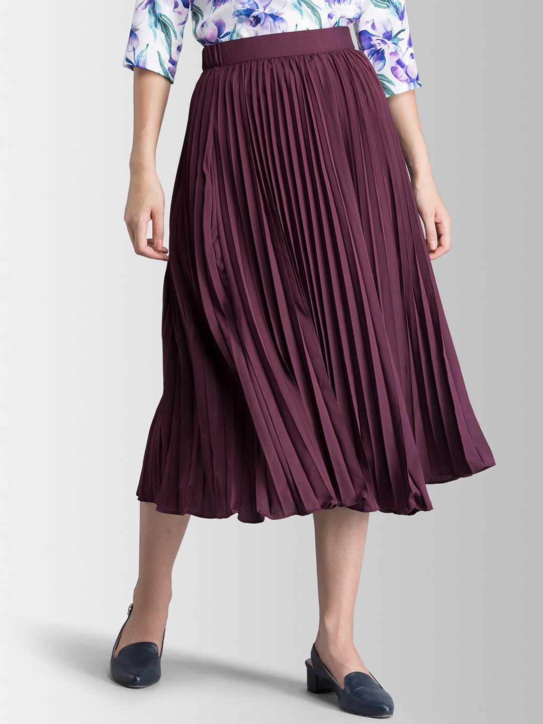FableStreet Accordion Pleats Midi Flared Skirt, Purple