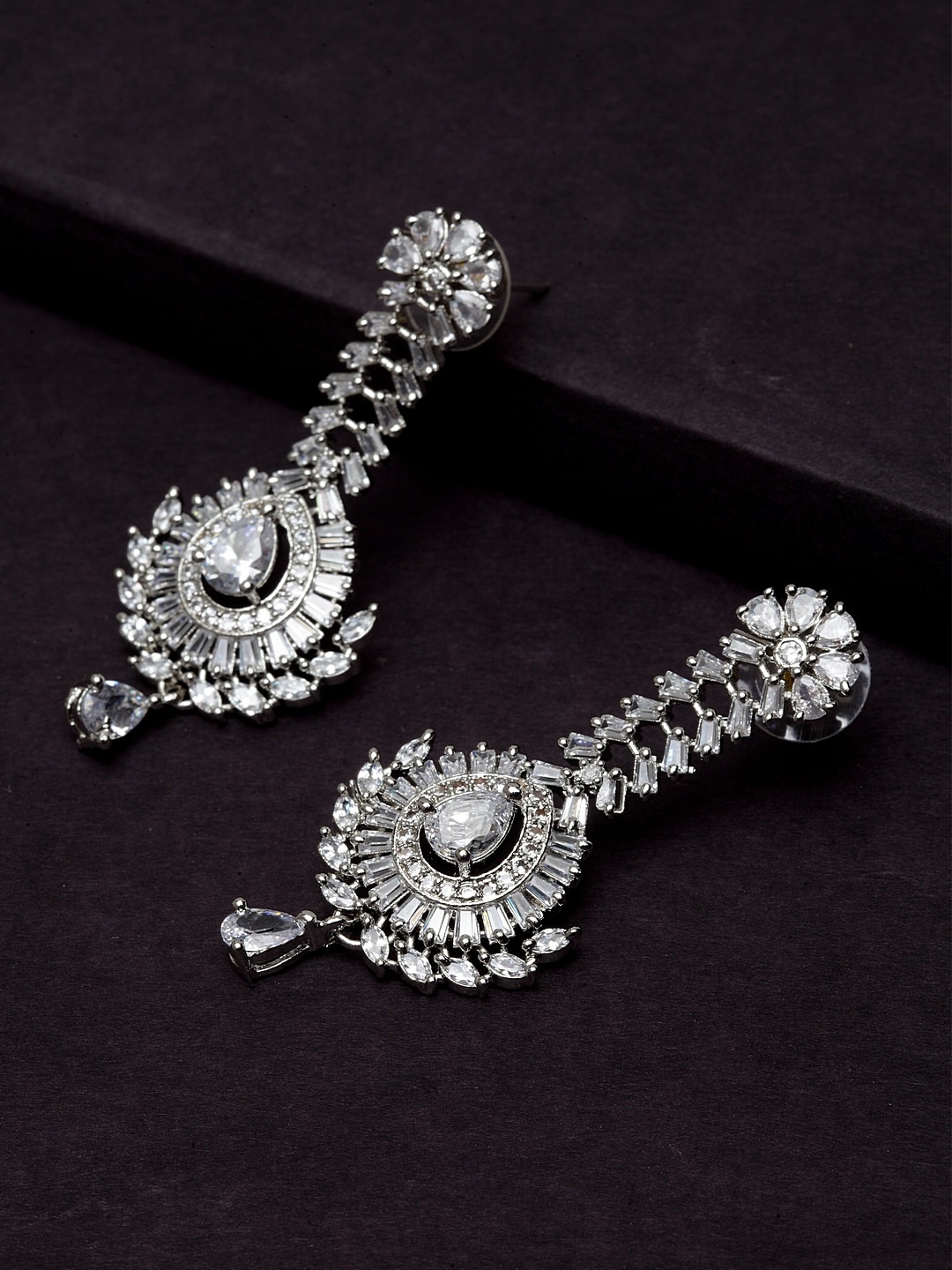 

PANASH Silver Rhodium-Plated & White American Diamond Contemporary Drop Earrings