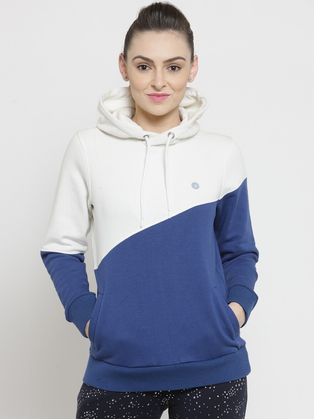 

BUKKUM Women White & Blue Colourblocked Hooded Sweatshirt