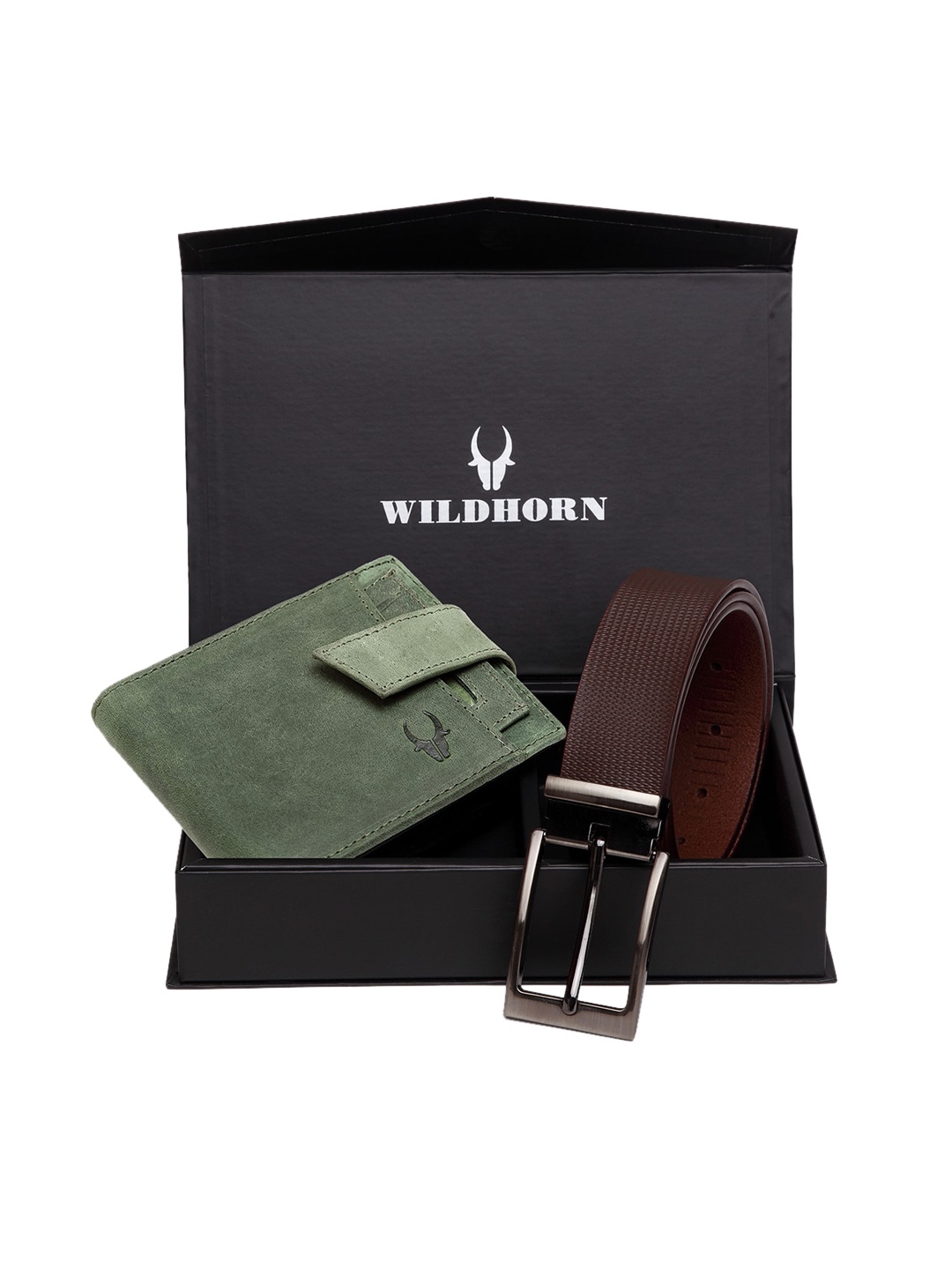WildHorn Men Green & Brown RFID Protected Genuine Leather Accessory Gift Set