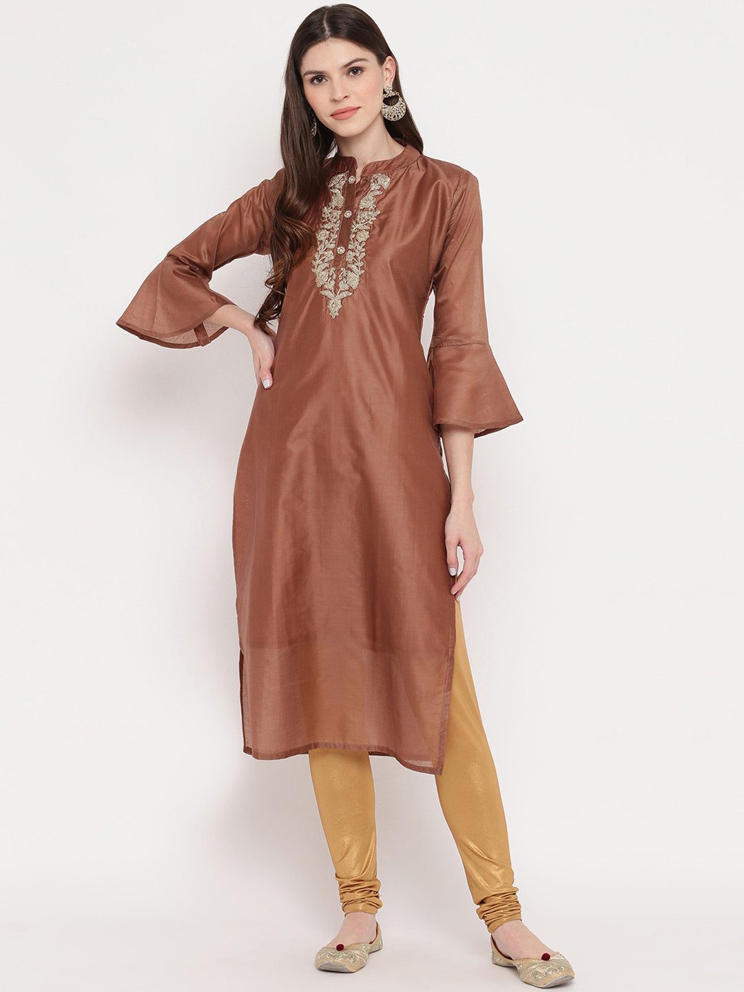 

Vbuyz Women Brown Solid Chanderi Silk Straight Kurta