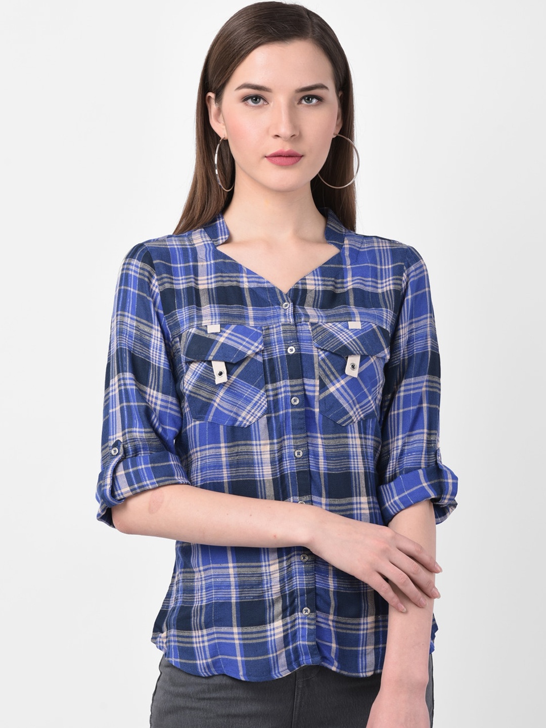 

Latin Quarters Women Blue Checked Shirt Style Pure Cotton Top