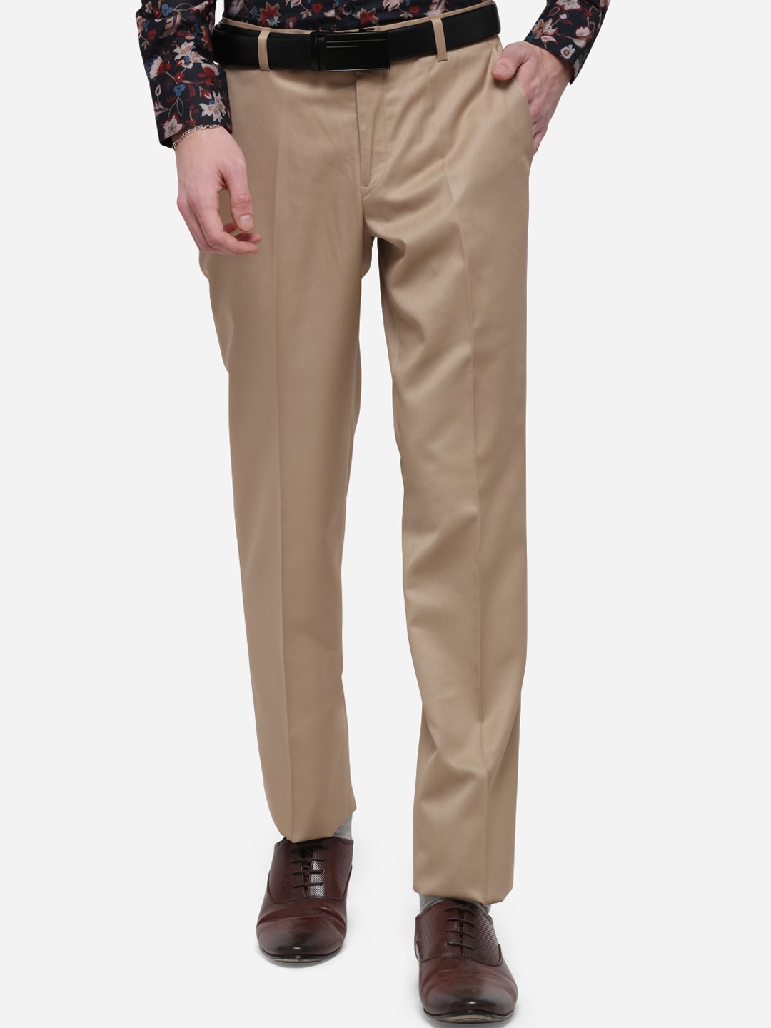 

Greenfibre Men Beige Tapered Fit Solid Formal Trousers