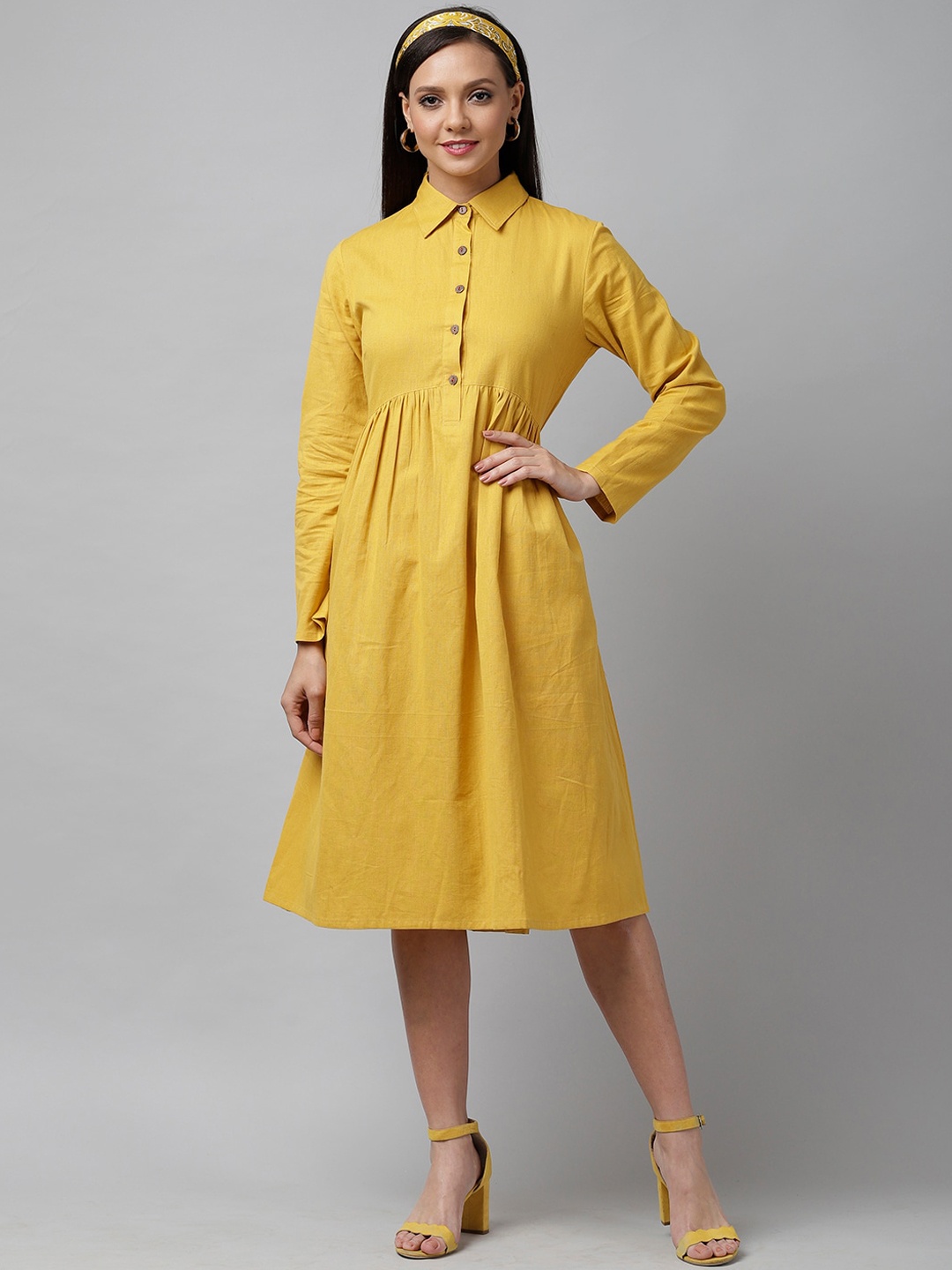 

KASSUALLY Women Mustard Yellow Solid Fit and Flare Dress