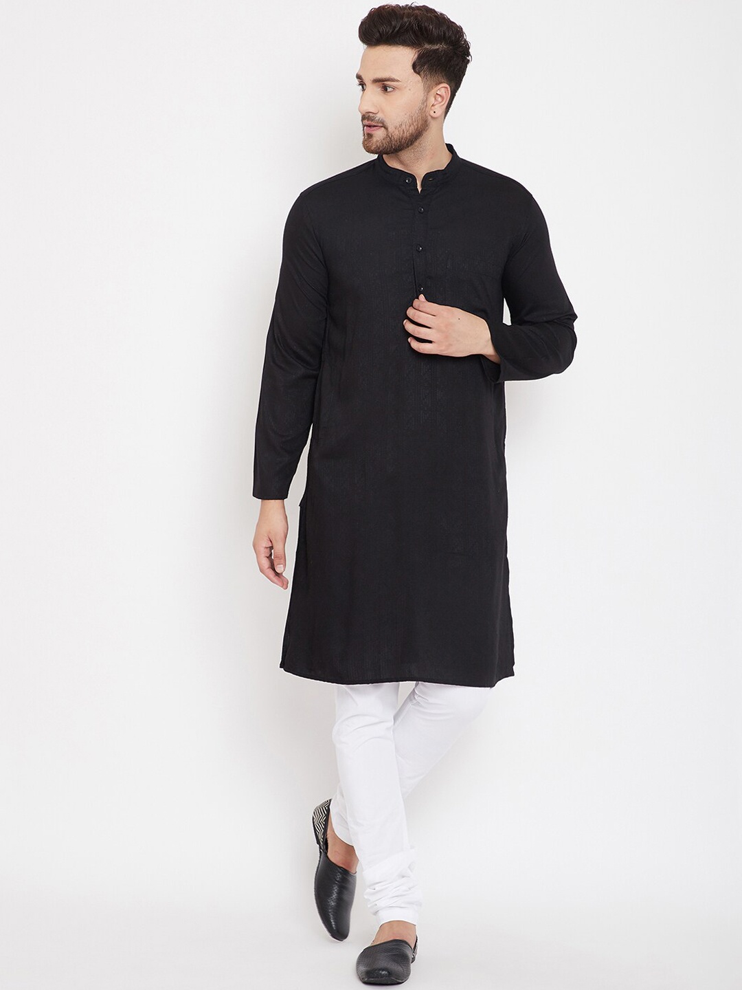 

even Men Black Solid Straight Kurta