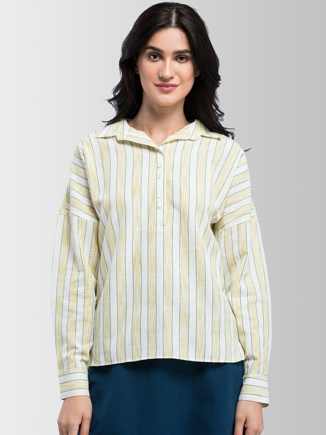 

FableStreet Women Yellow & White Boxy Striped Casual Shirt