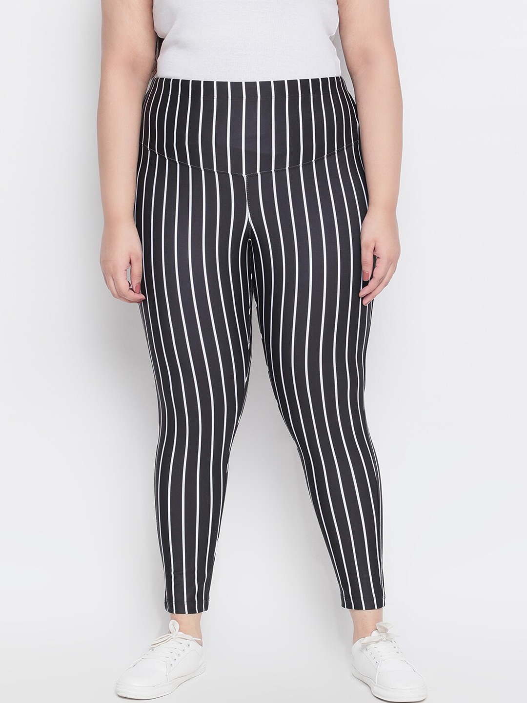 

Amydus Women Black & White Striped Tummy Shaper Plus Size Jeggings
