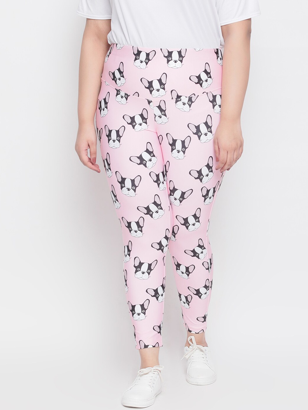 

Amydus Women Plus Size Pink & White French Bulldog Printed Tummy Shaper Treggings