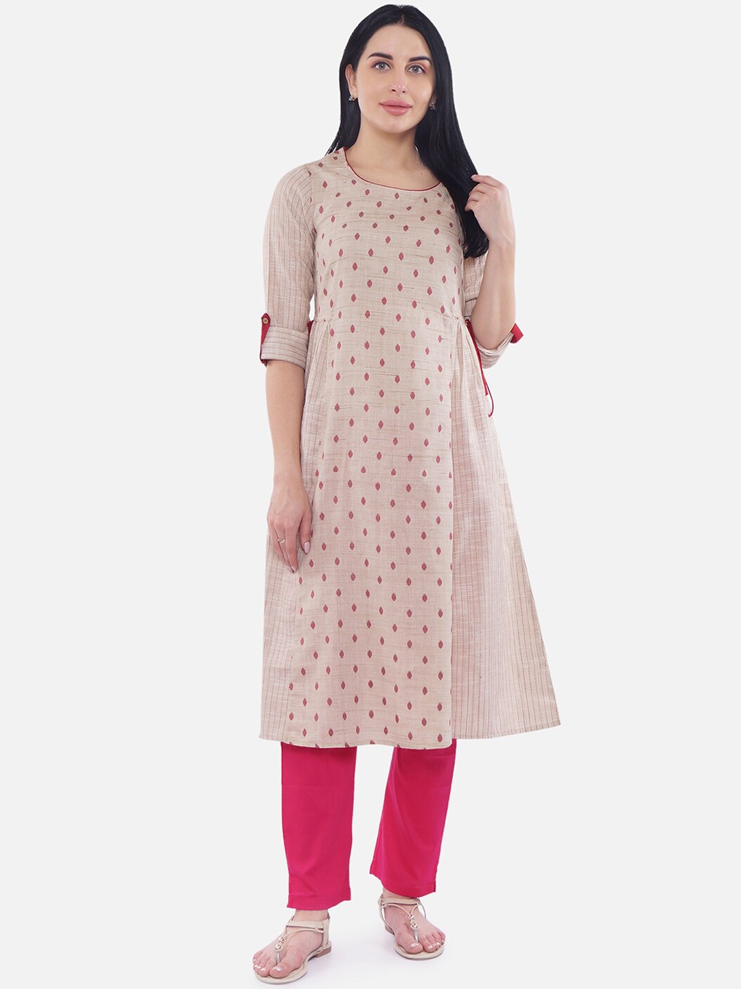 

Be Indi Women Cream-Coloured & Maroon Woven Design Straight Kurta