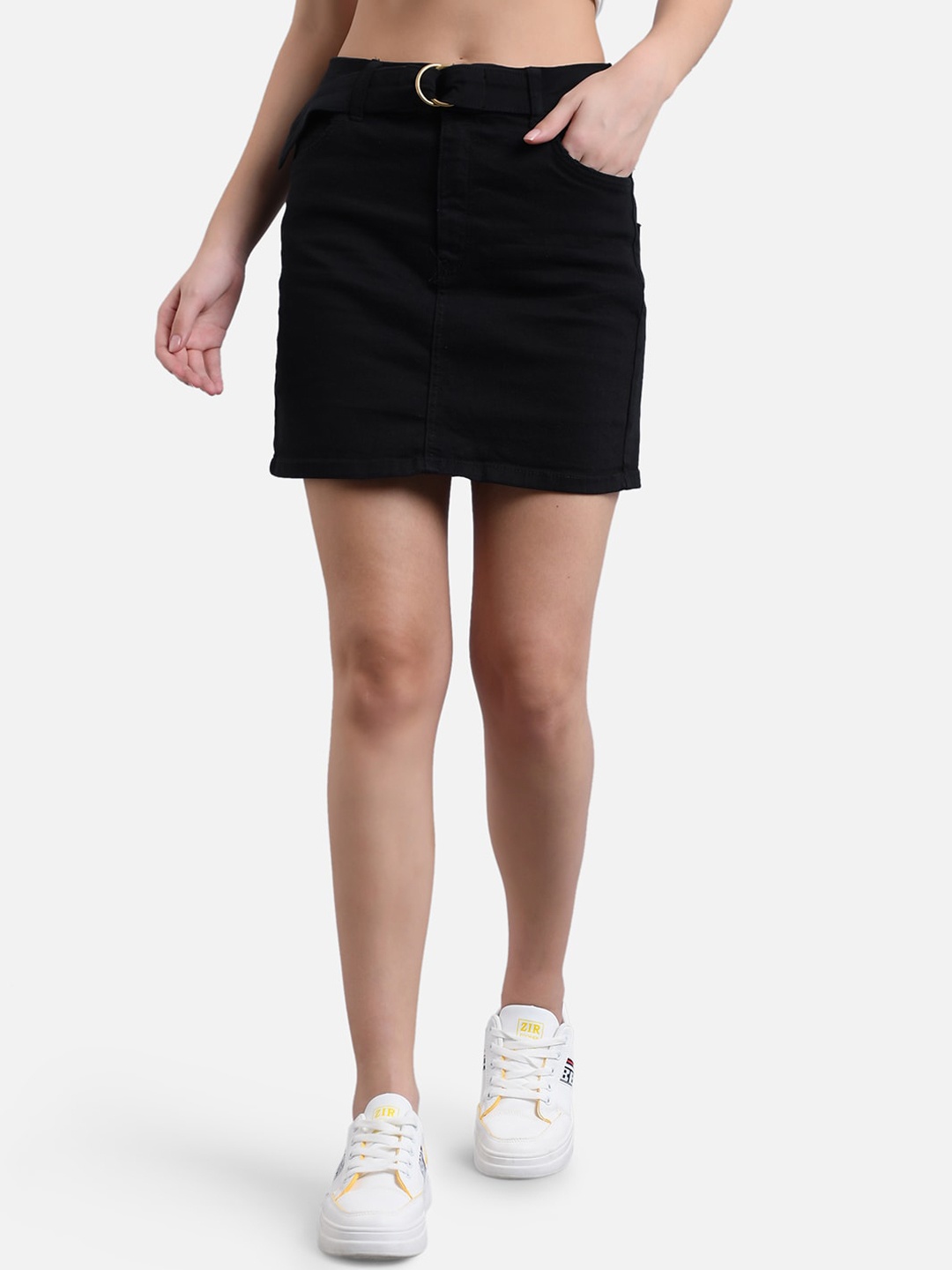 

kotty Women Black Solid Denim Mini Straight Skirt