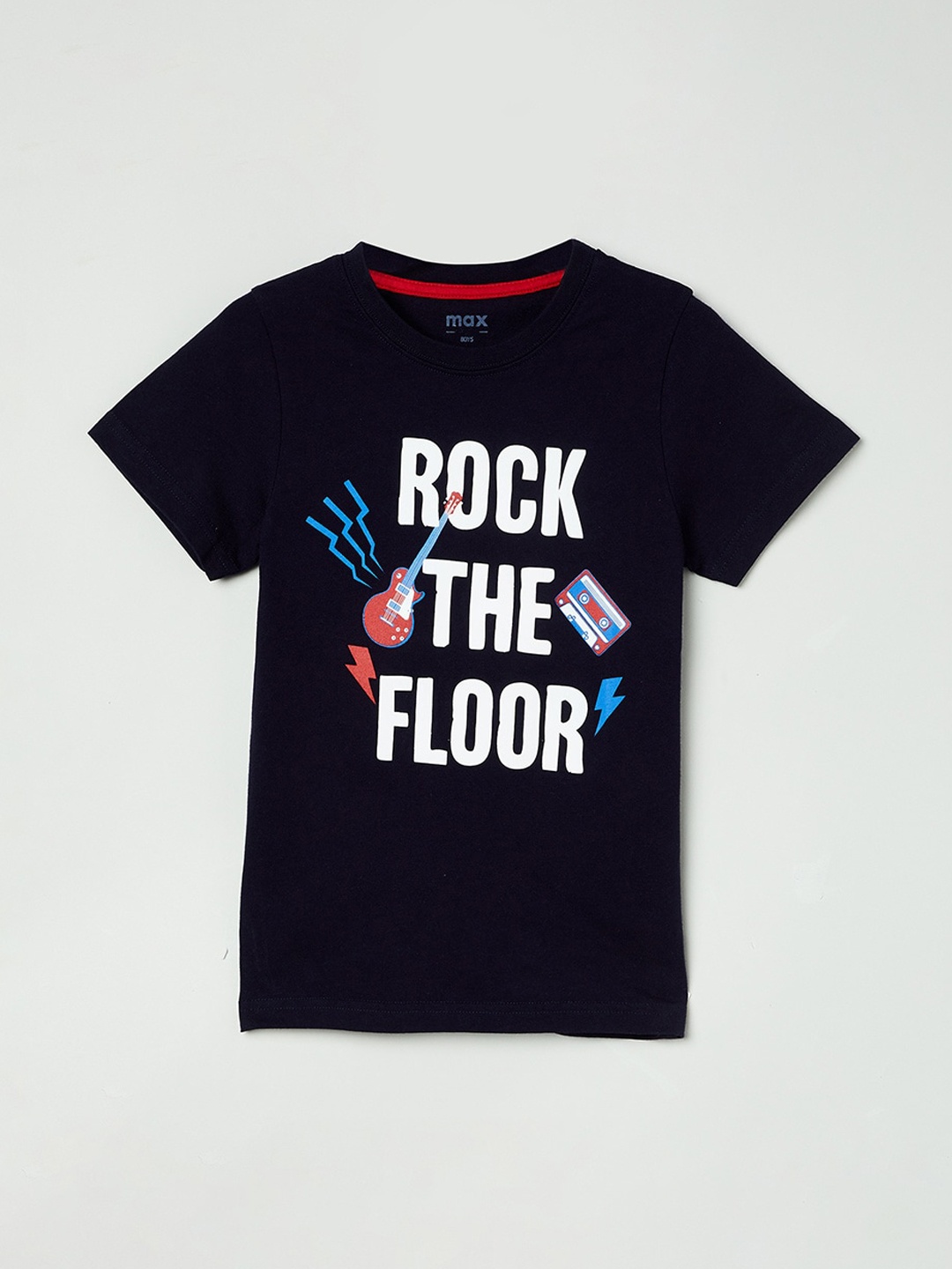 

max Boys Navy Blue White Printed Round Neck Pure Cotton T-shirt