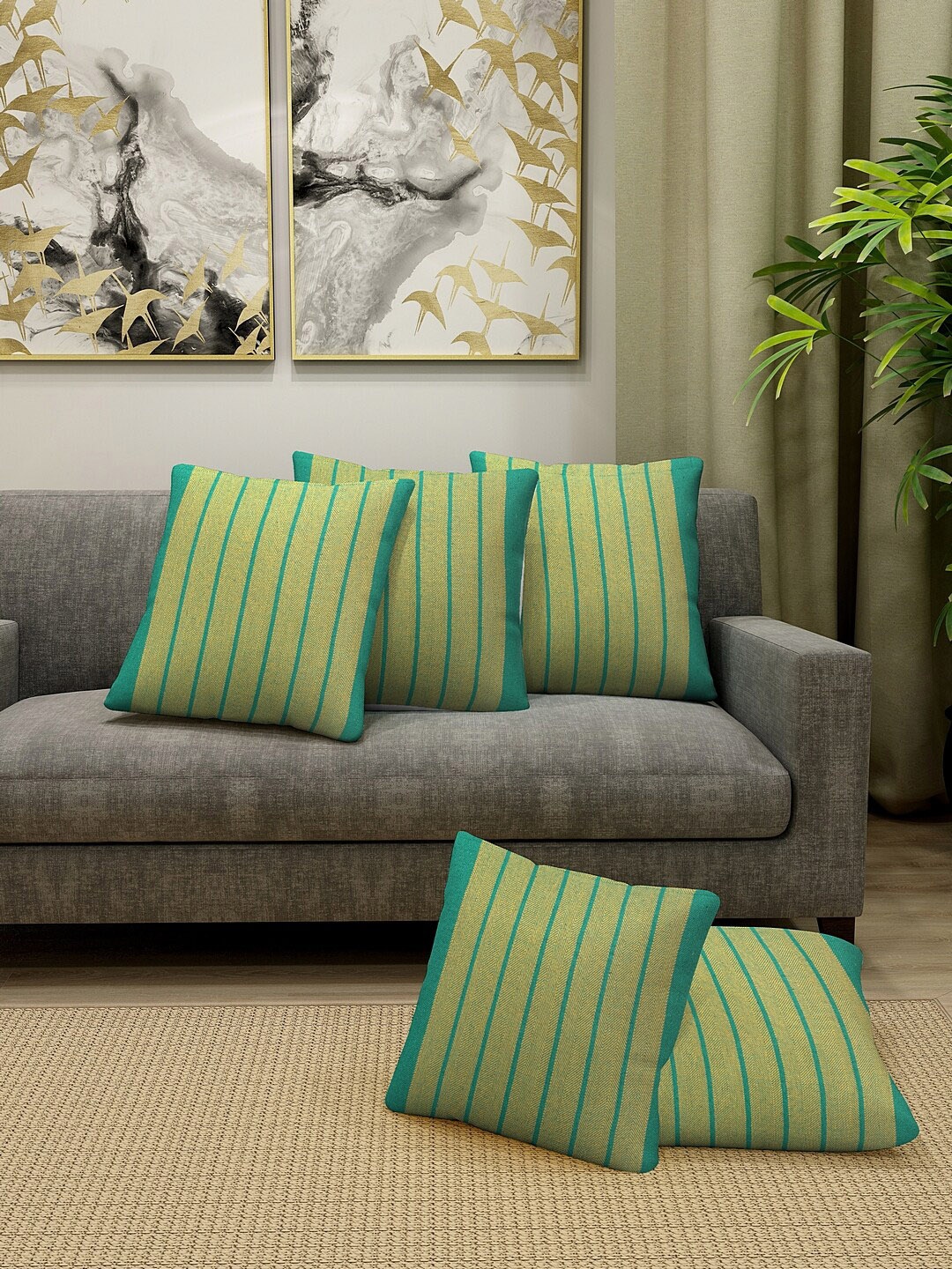 

KLOTTHE Set Of 5 Teal Green & Yellow Cotton Woven Design Square Cushions