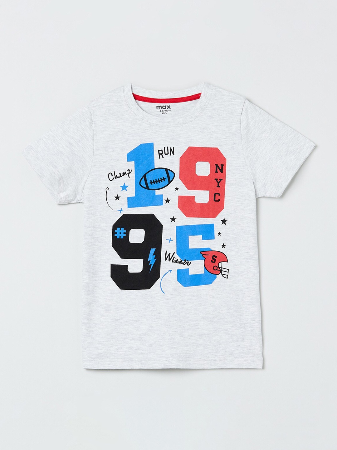 

max Boys Grey & Blue Printed Round Neck T-shirt