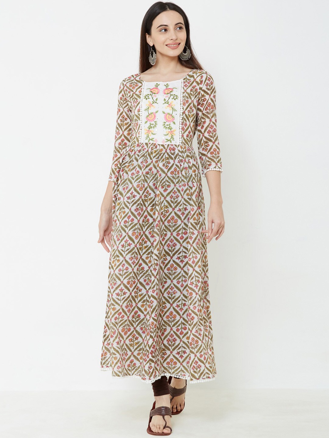 

FASHOR Women Off-White & Green Printed A-Line Kurta