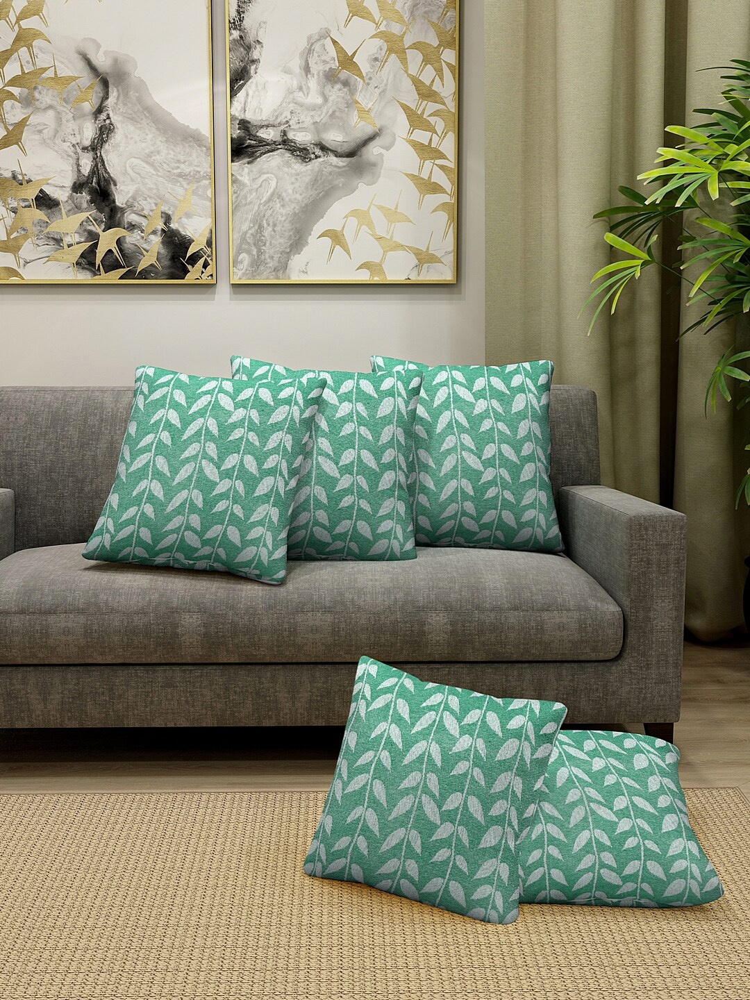 

KLOTTHE Set Of 5 Green & White Printed Square Cushions