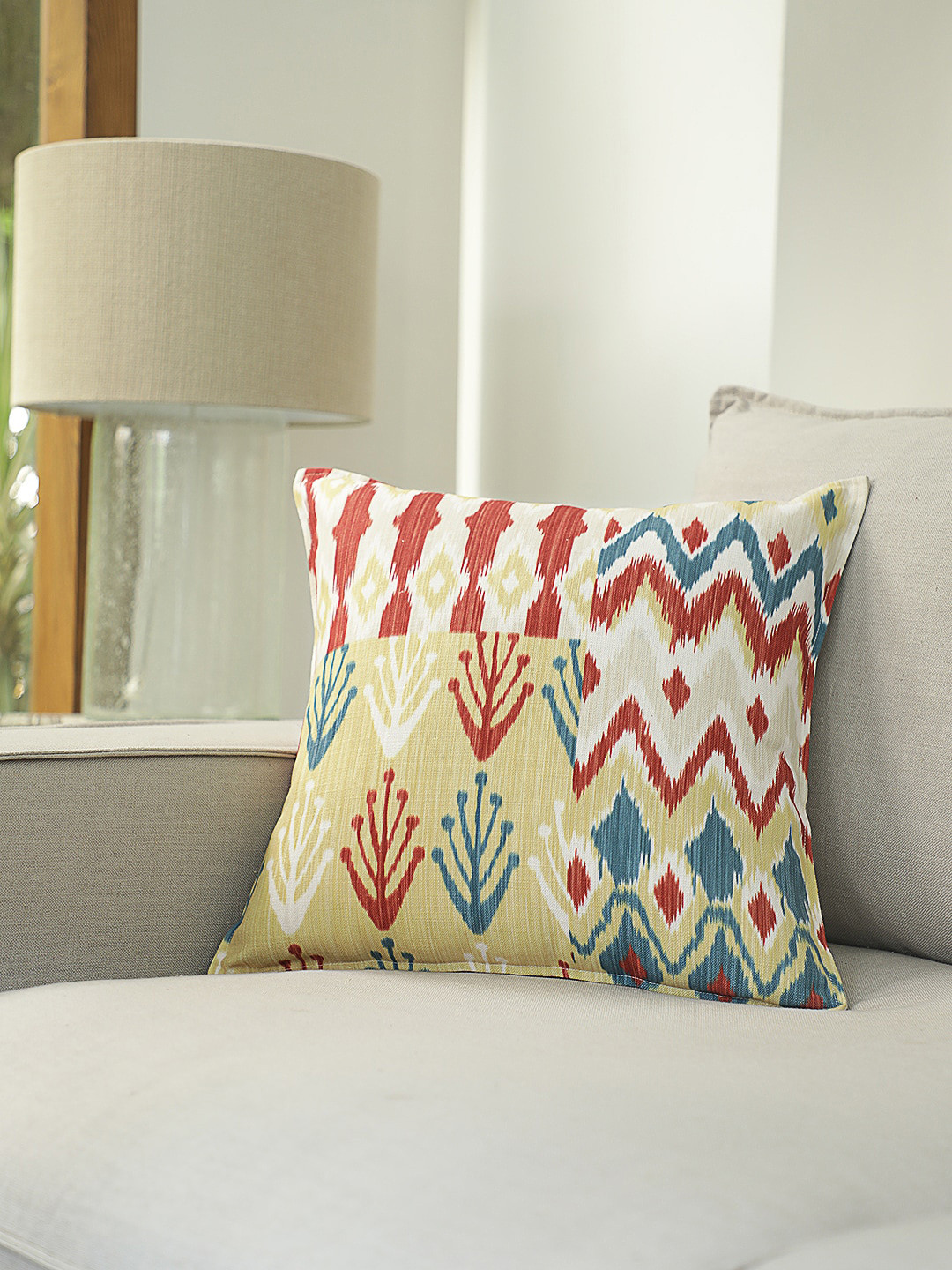 

BLUE BOAT Yellow & Red Set of Single Geometric Square Cushion Covers