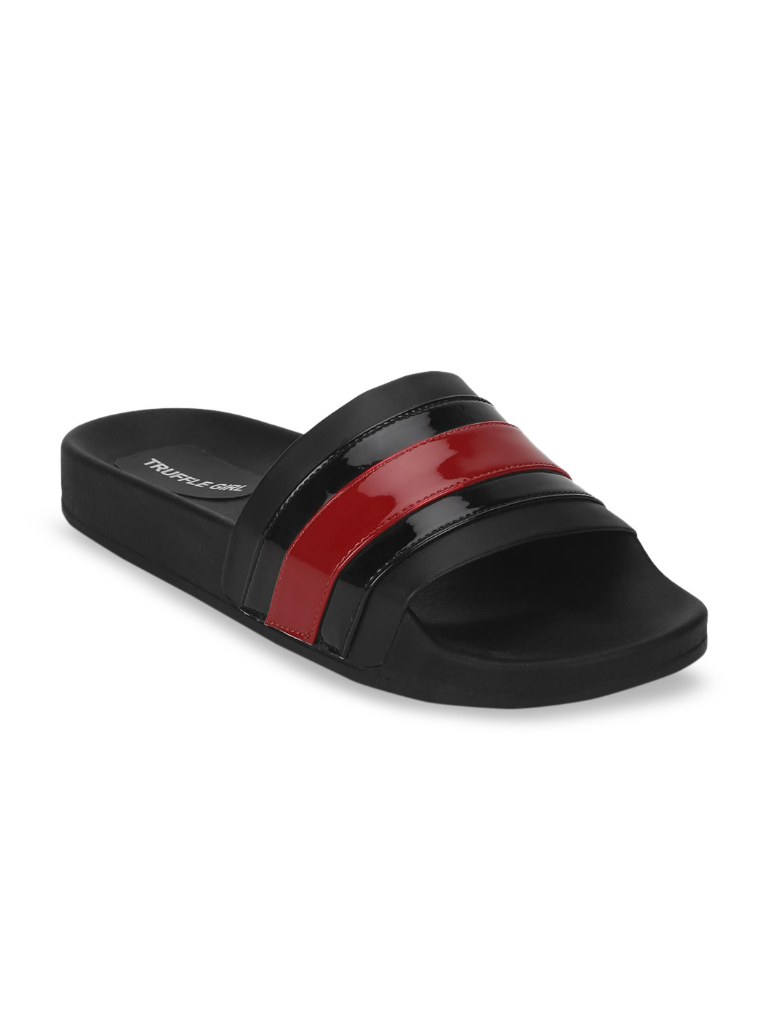 

Truffle Collection Women Black Striped PU Open Toe Flats