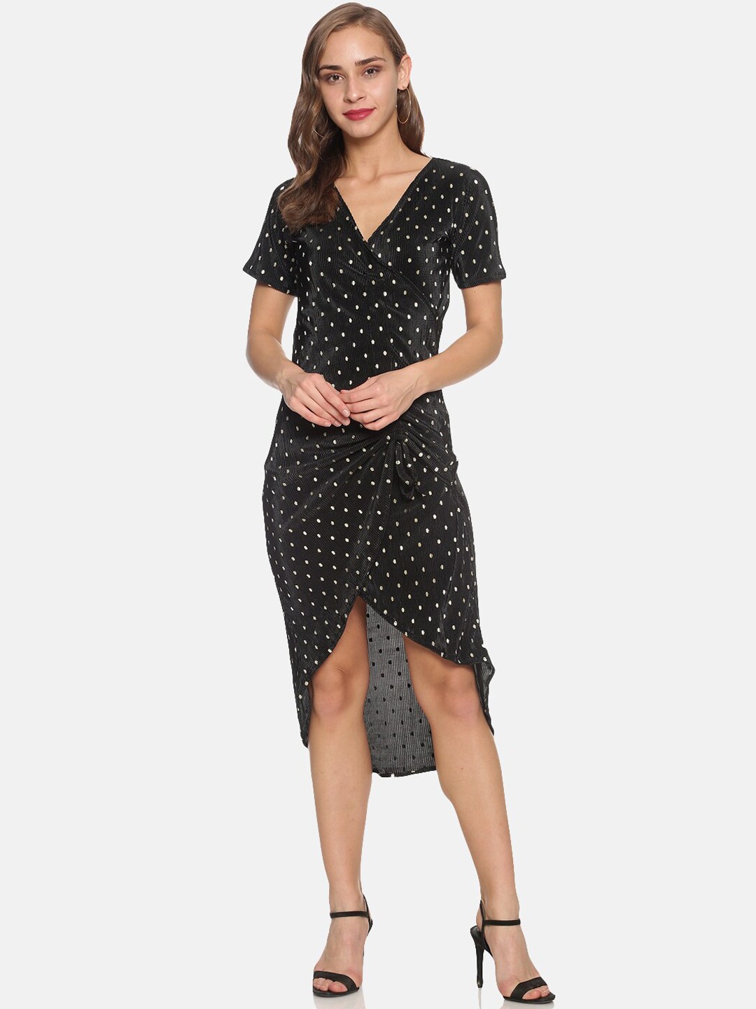 

Campus Sutra Women Black Polka Dot Printed Wrap Dress
