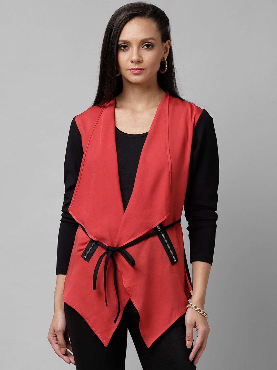 

KASSUALLY Women Pink & Black Solid Open Front Shrug