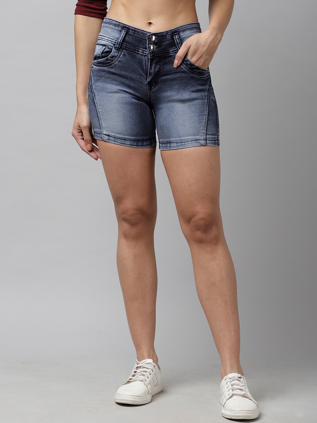 KASSUALLY Women Grey Washed Regular Fit Denim Shorts
