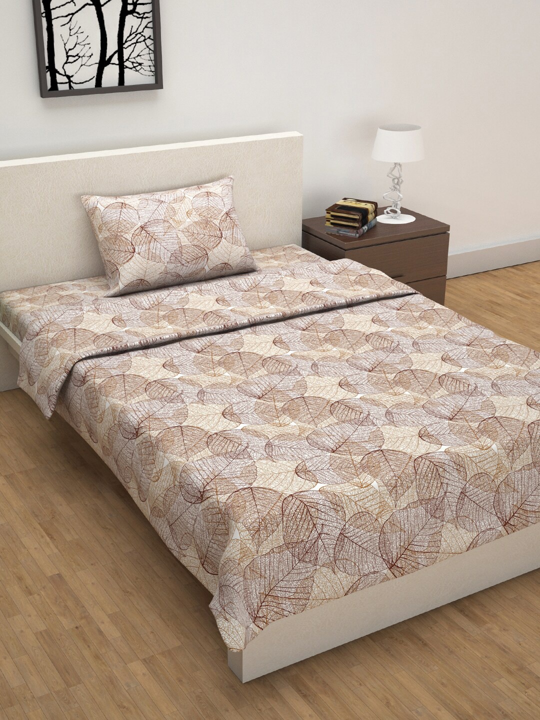 

Divine Casa Brown & White Floral Printed Single Bed Bedsheet With Pillow Cover & Dohar