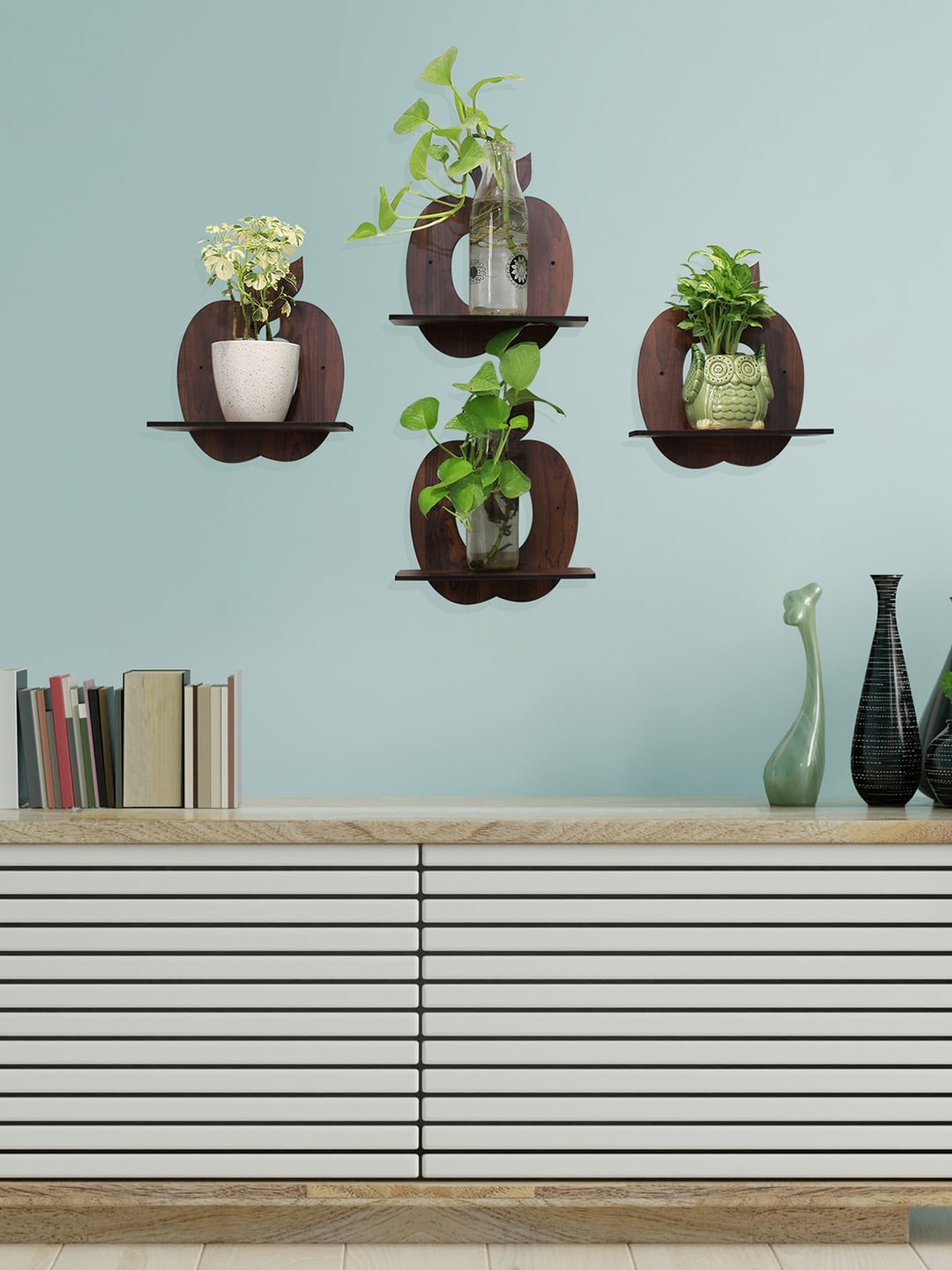 

RANDOM Coffee Brown Set of 4 Decorative Apple MDF Basic Wall Shelf