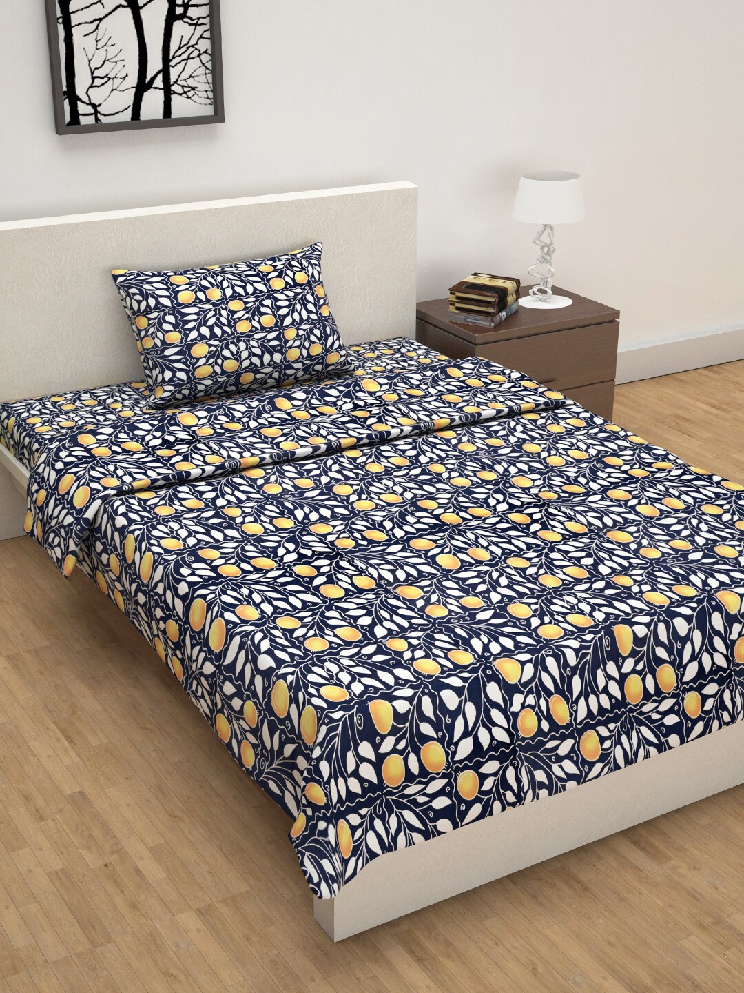 

Divine Casa Unisex Navy Blue & White Floral Single Bed Bedsheet With Pillow Cover & Dohar