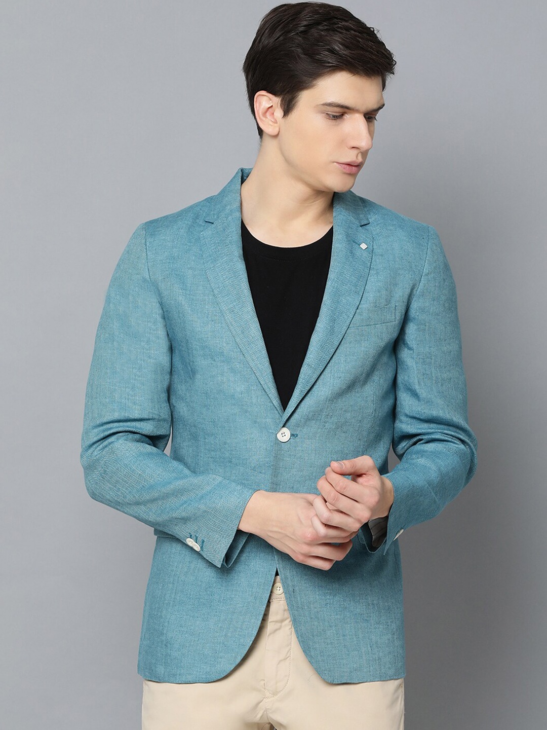 GANT Men Blue Solid Single-Breasted Linen Casual Blazer