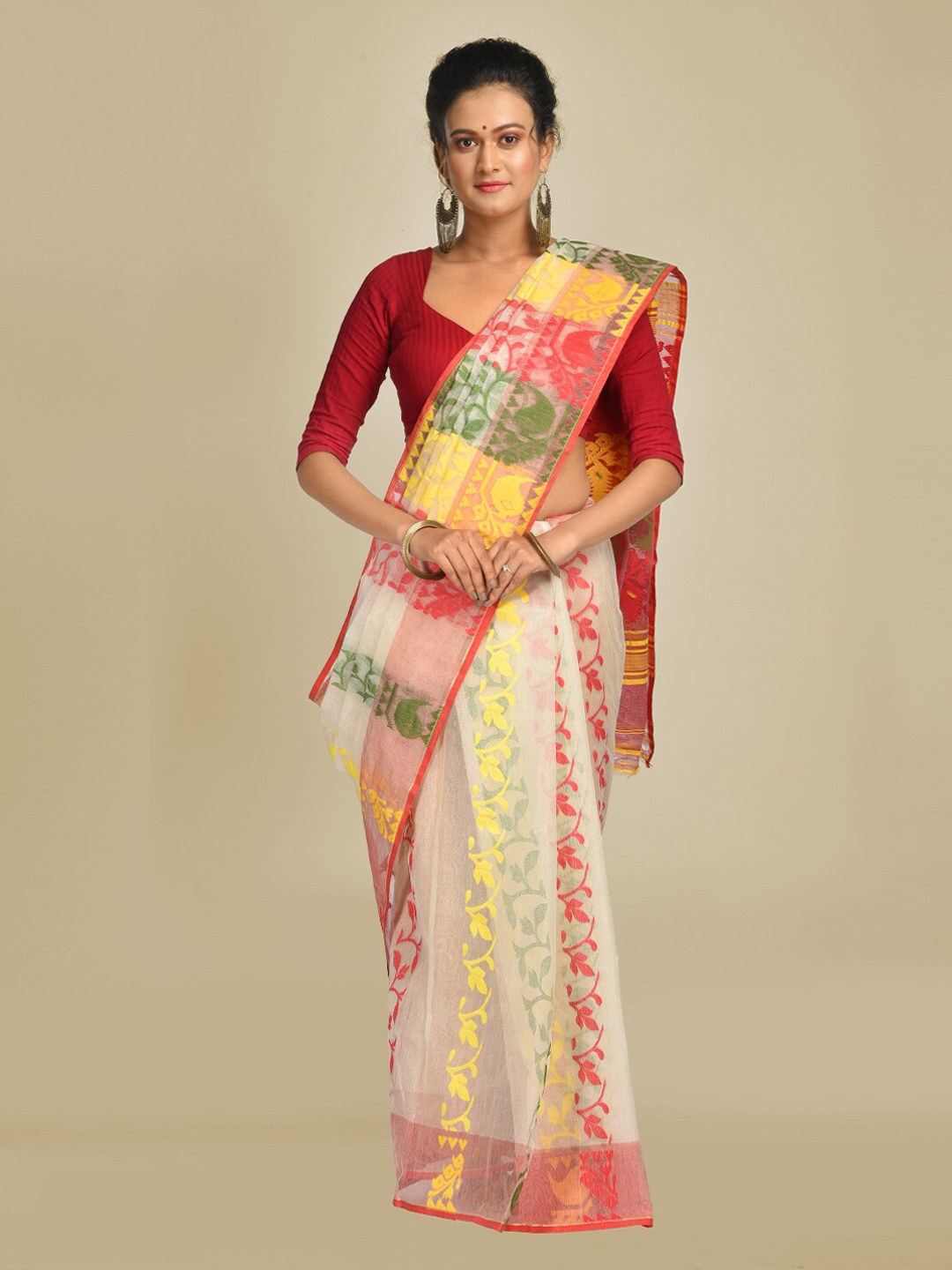 

Mitera Multicoloured Silk Cotton Woven Design Jamdani Saree, Multi