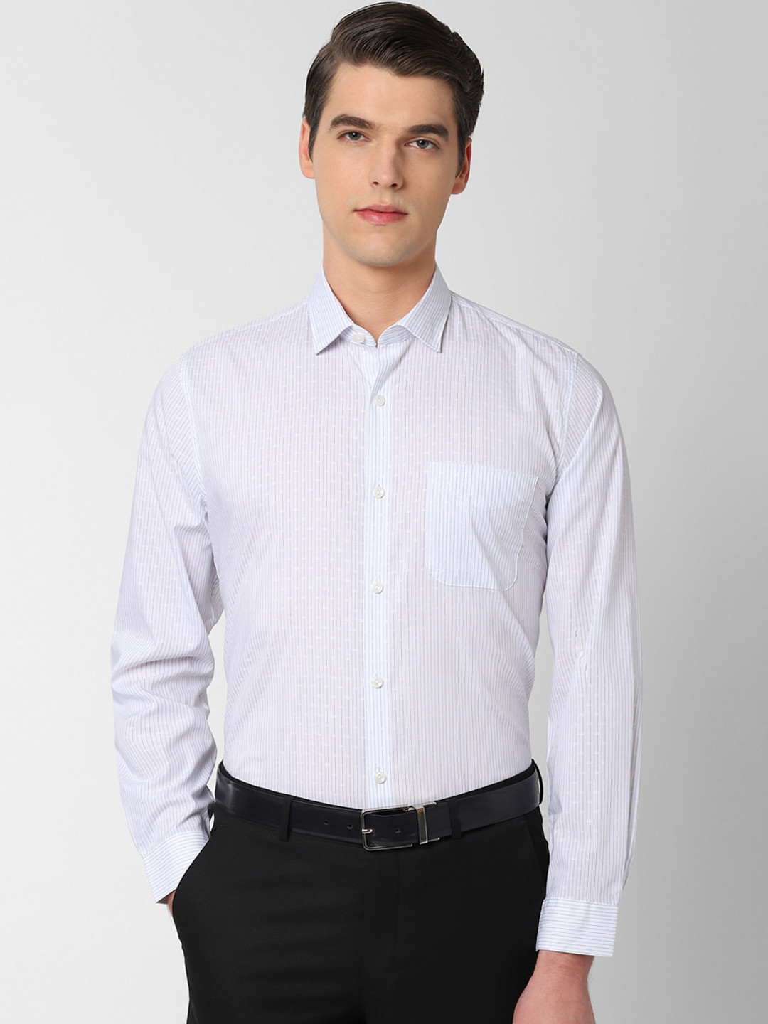 

Peter England Elite Men White & Blue Slim Fit Striped Formal Shirt