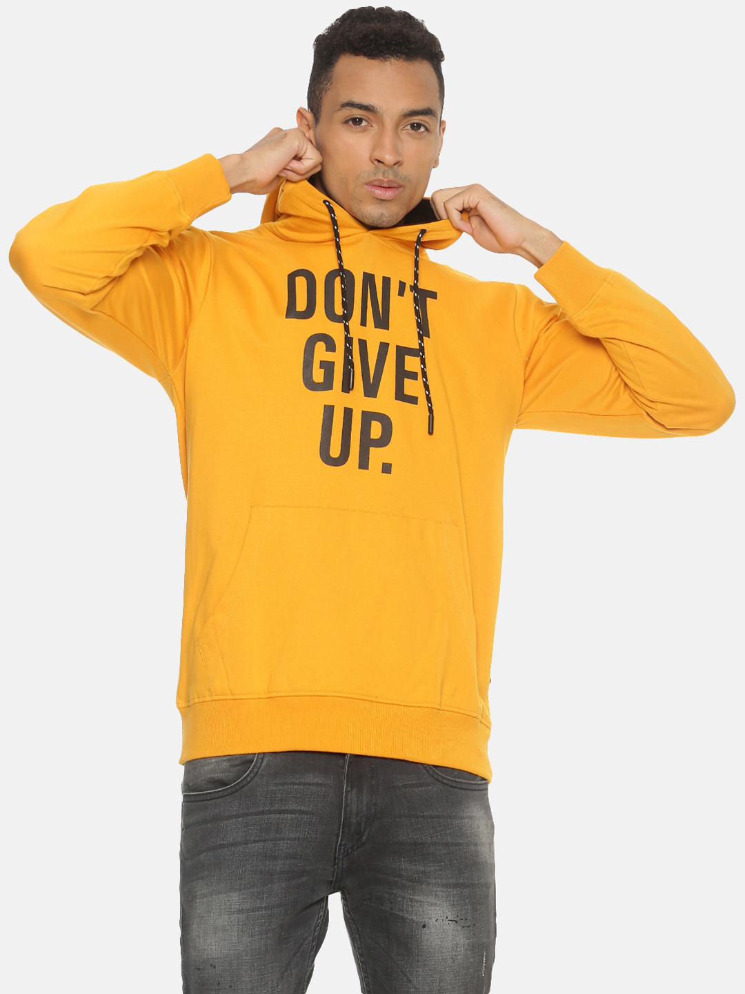 

Chennis Men Mustard Yellow & Grey Printed Hooded Sweatshirt
