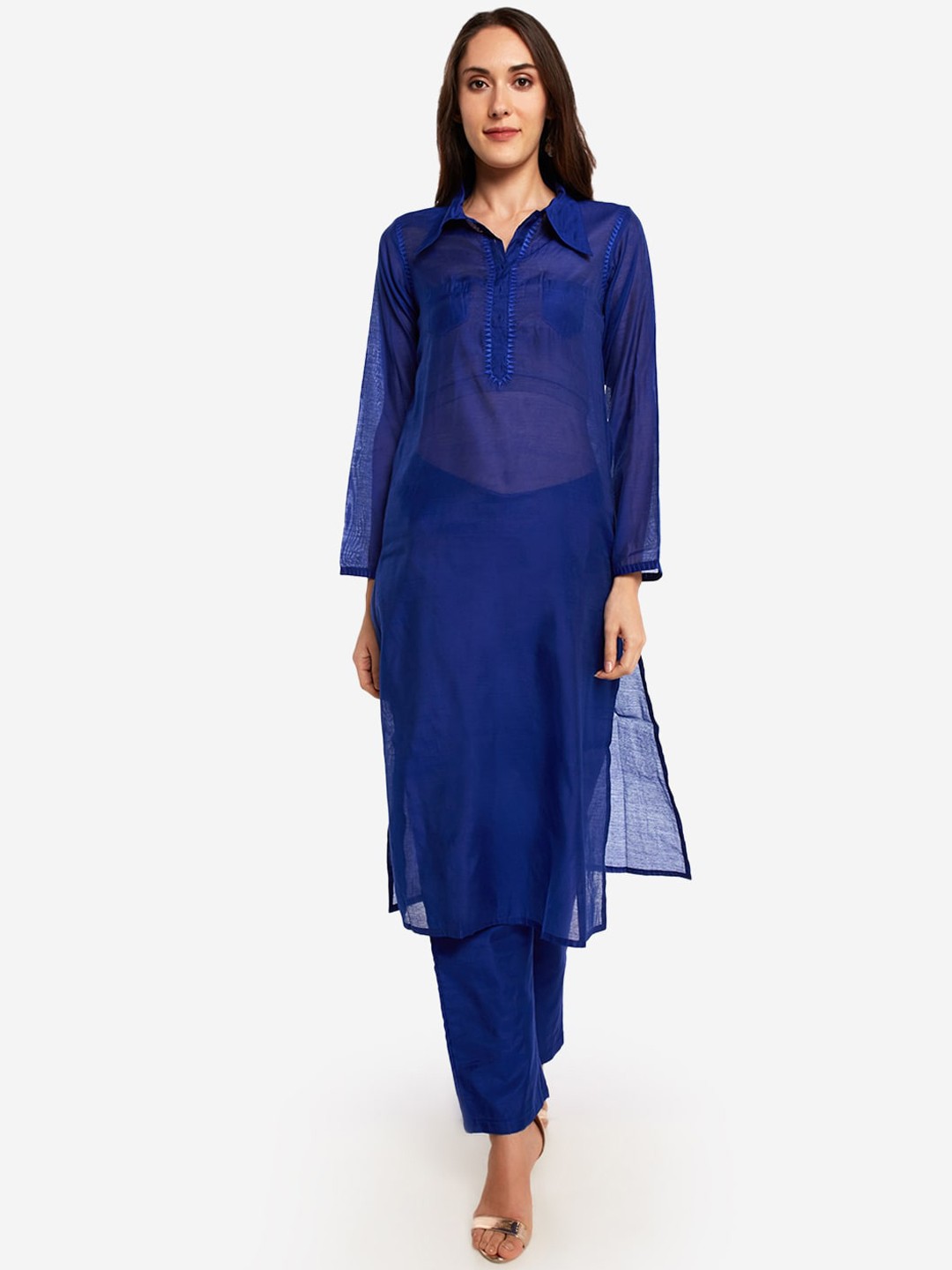 

Desi Weavess Women Blue Solid Semi-Sheer Kurti with Trousers