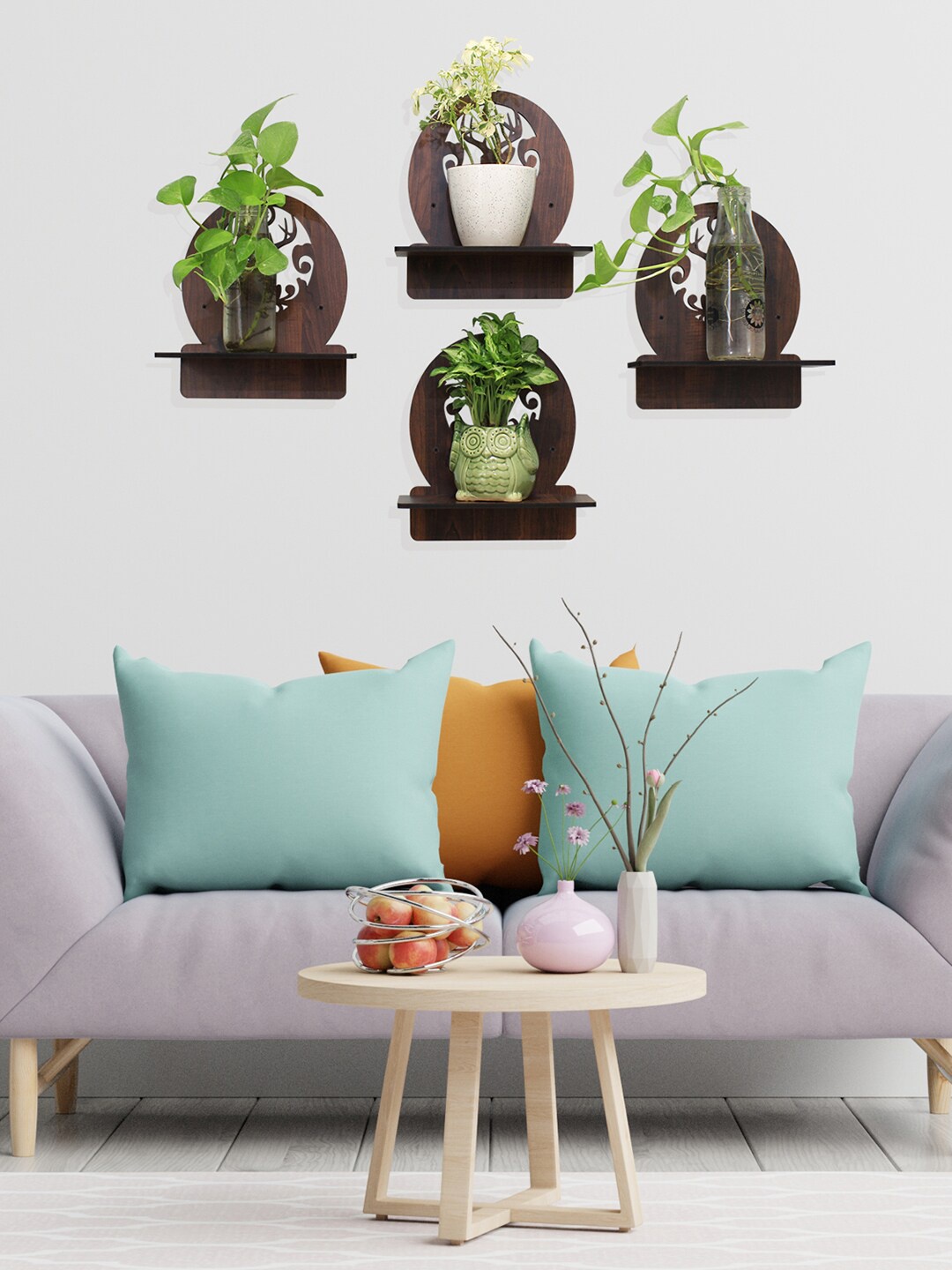 RANDOM Coffee Brown 4 Pcs Decorative Deer Shaped Basic Wall Shelf Set