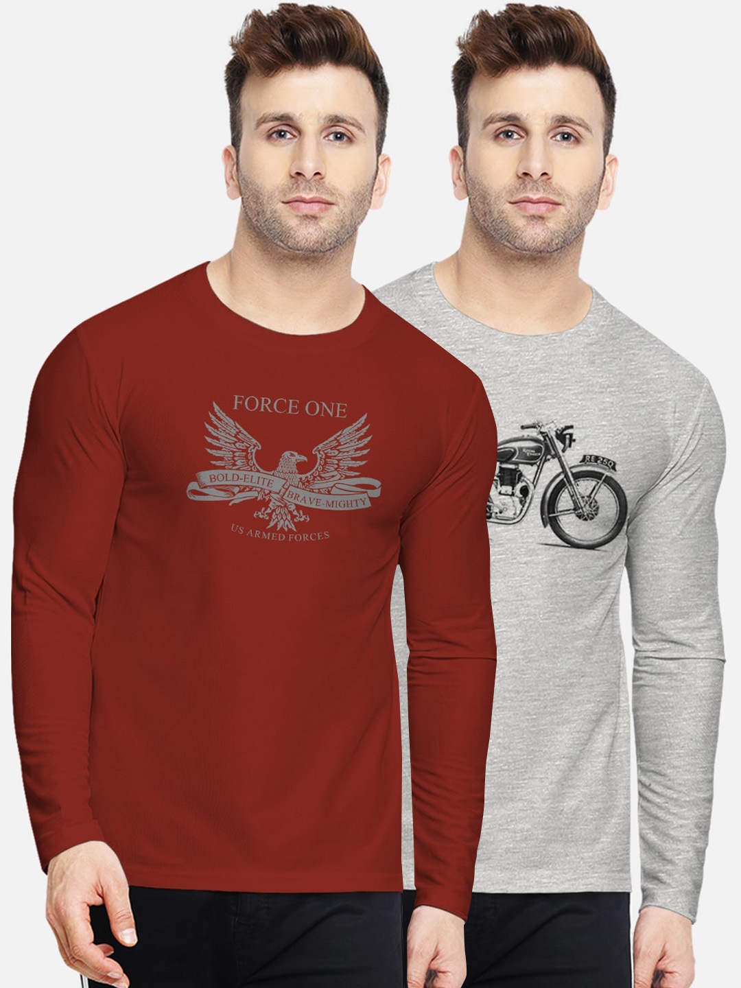 

BULLMER Men Pack Of 2 Printed Round Neck T-shirts, Maroon