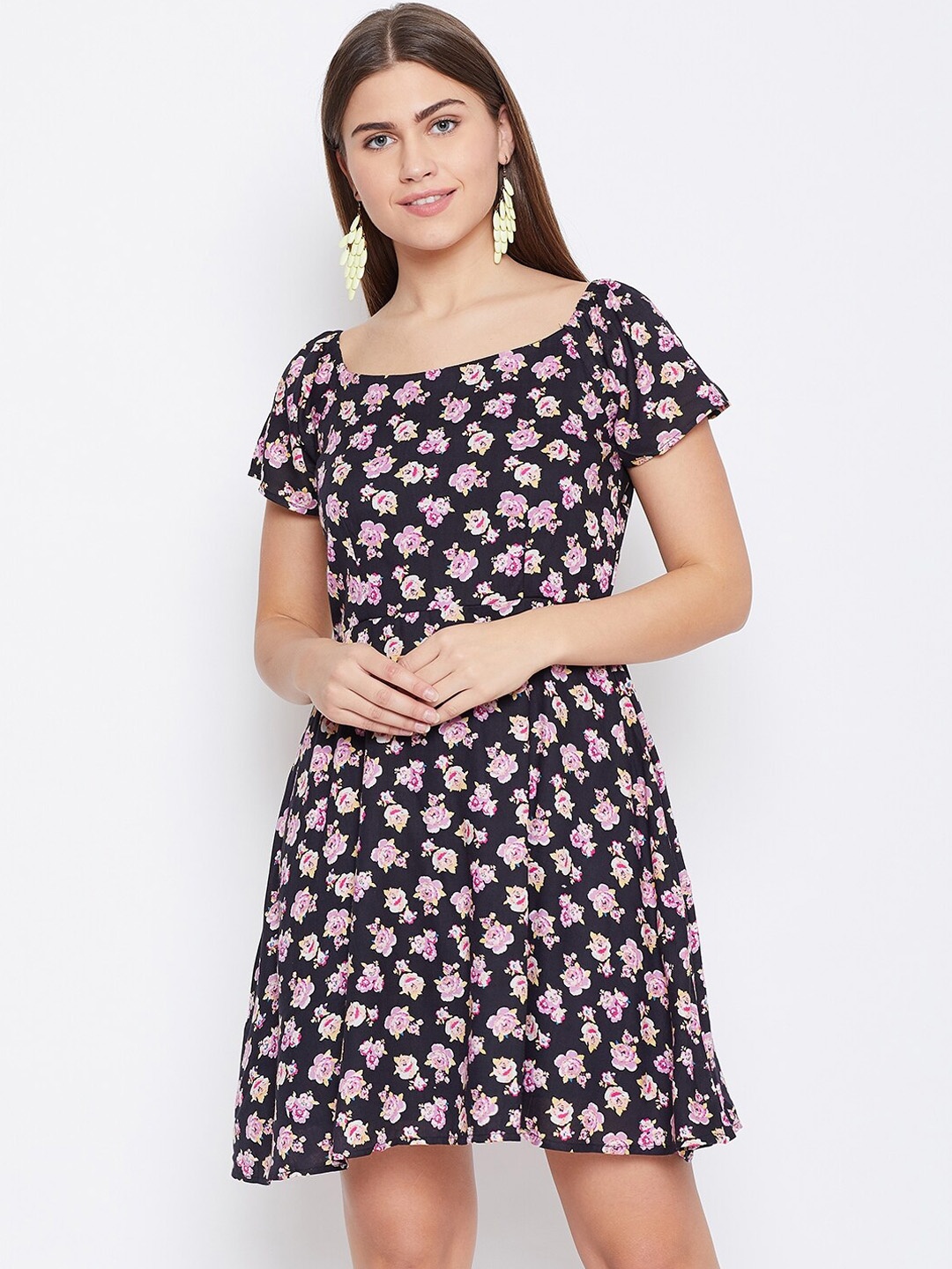 DODO & MOA Women Navy Blue Floral Printed Fit and Flare Dress