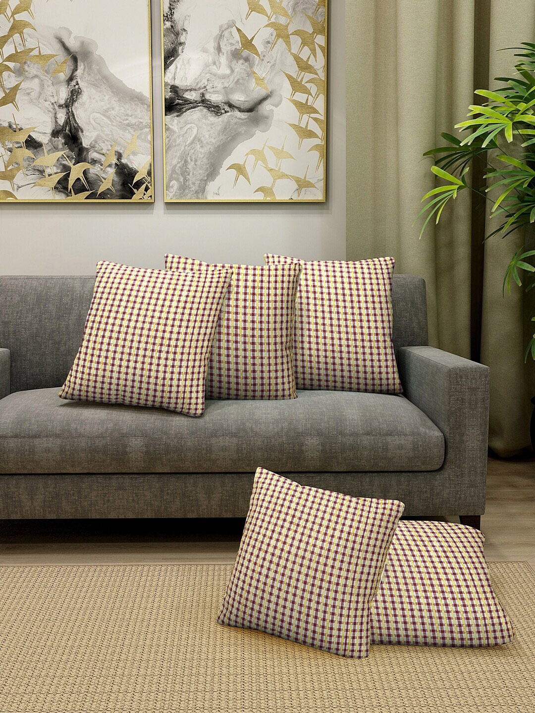 

KLOTTHE Set Of 5 White & Maroon Cotton Checked Square Cushions