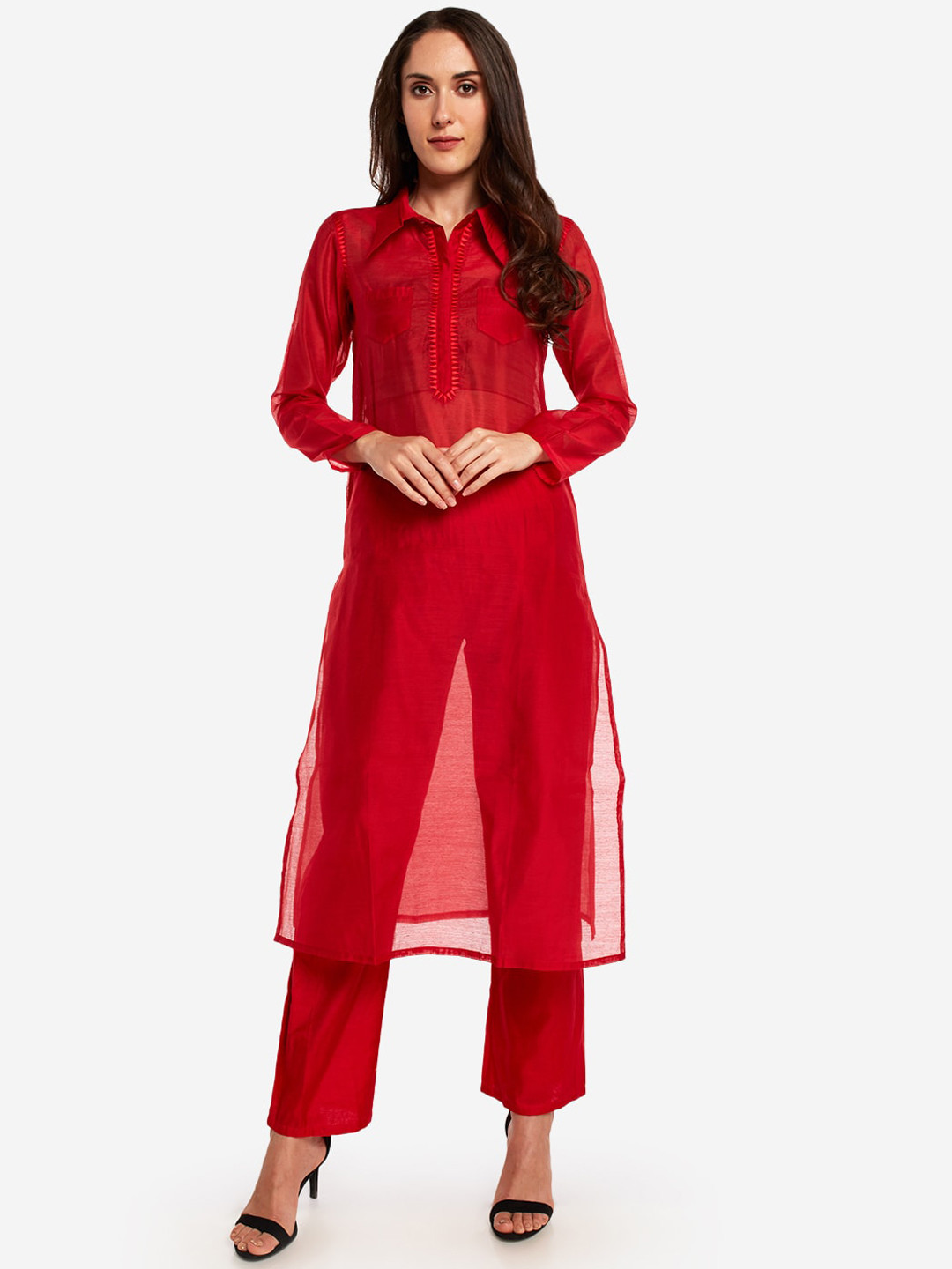 

Desi Weavess Women Red Solid Kurti with Palazzos
