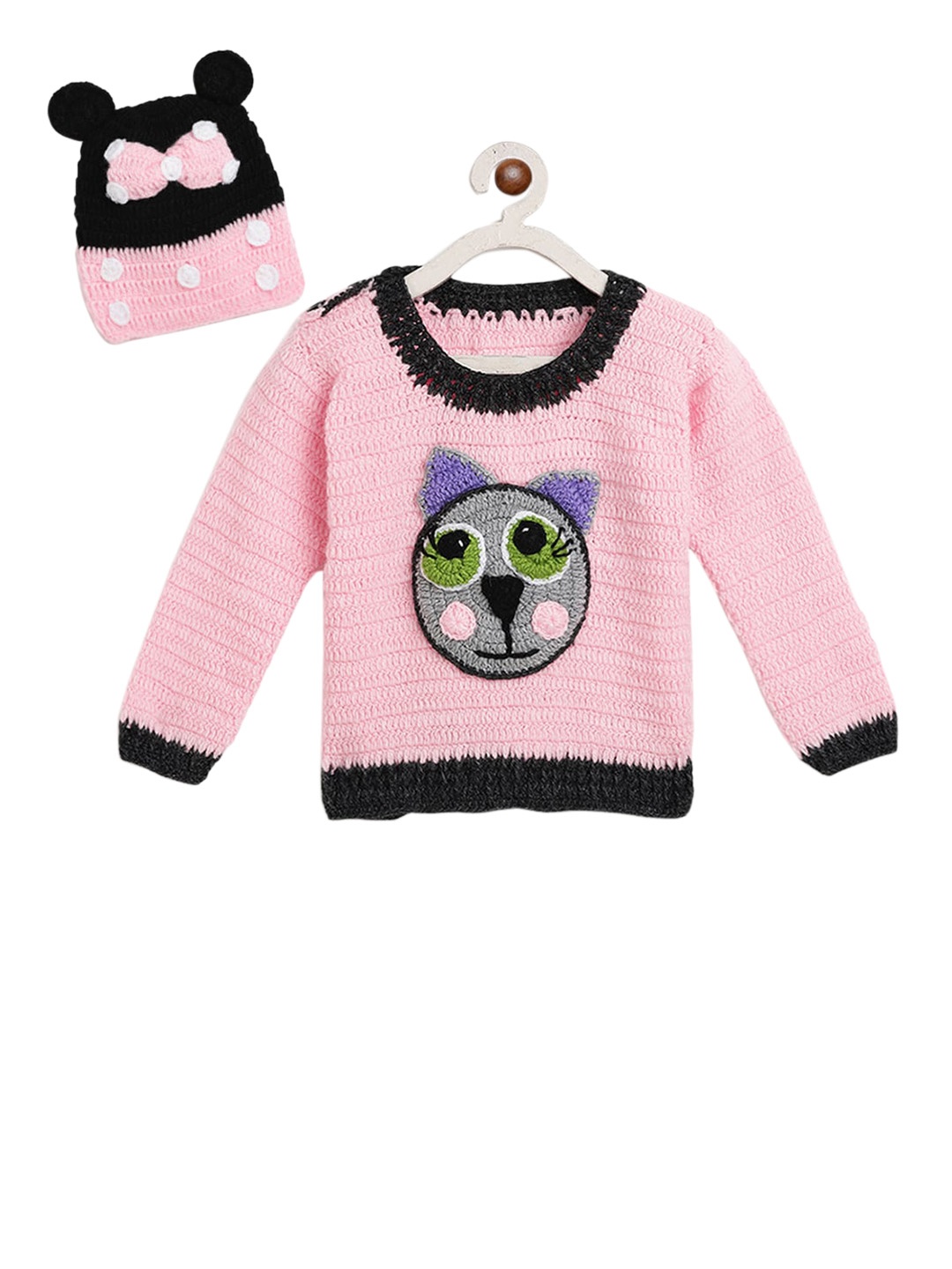 

CHUTPUT Kids Pink & Black Hand-Knitted Crochet Pullover Sweater with a Beanie Cap