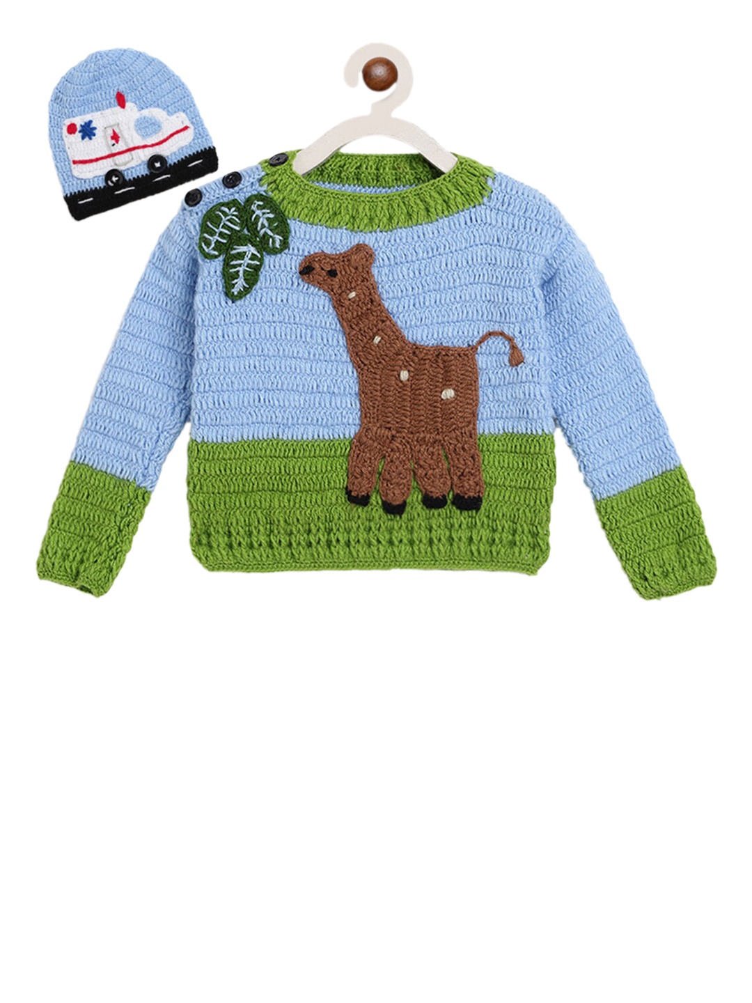 

CHUTPUT Unisex Kids Blue Self Design Pullover Sweater & Beanie Cap