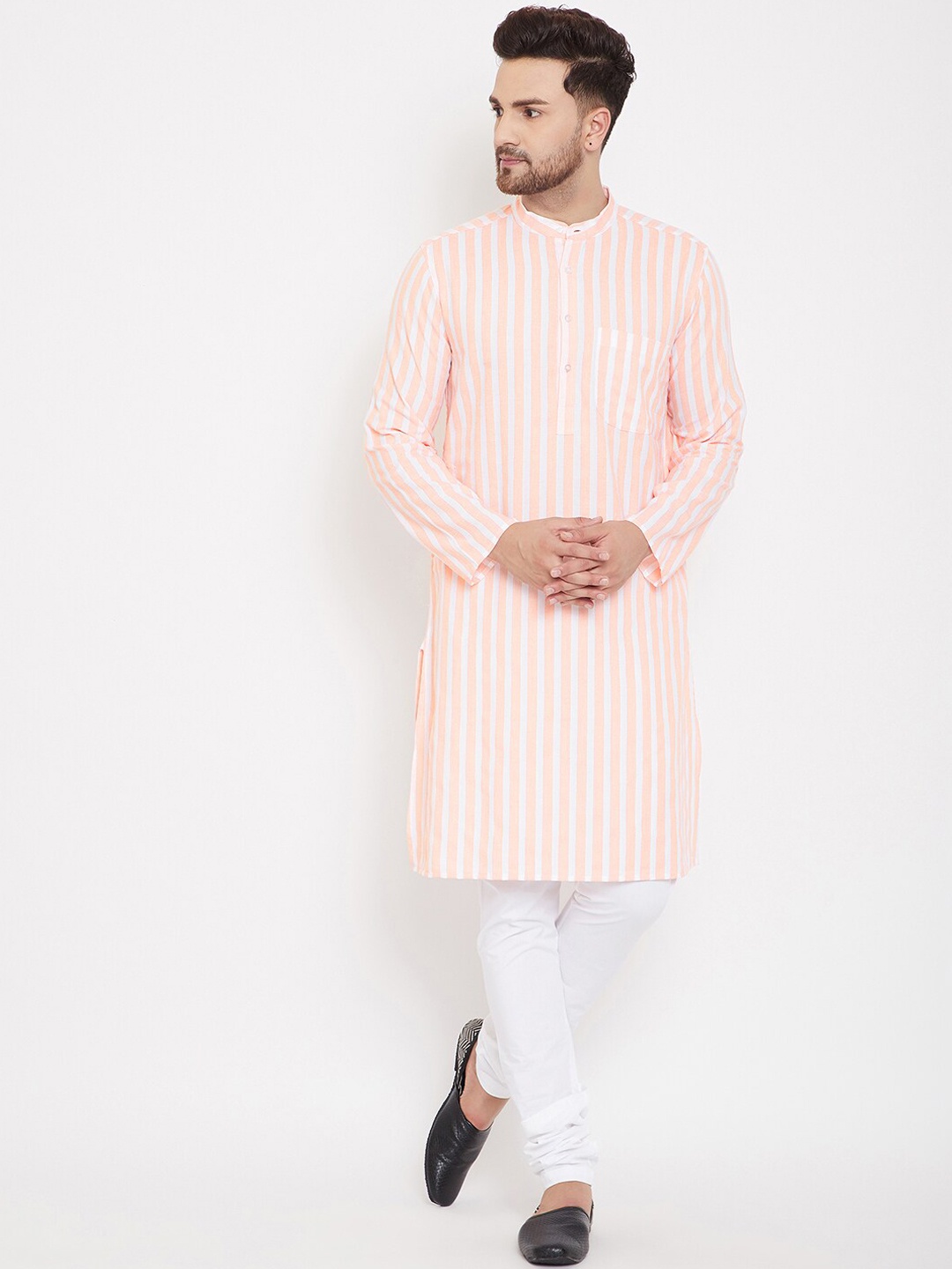 

even Men Peach-Coloured & White Striped Straight Kurta