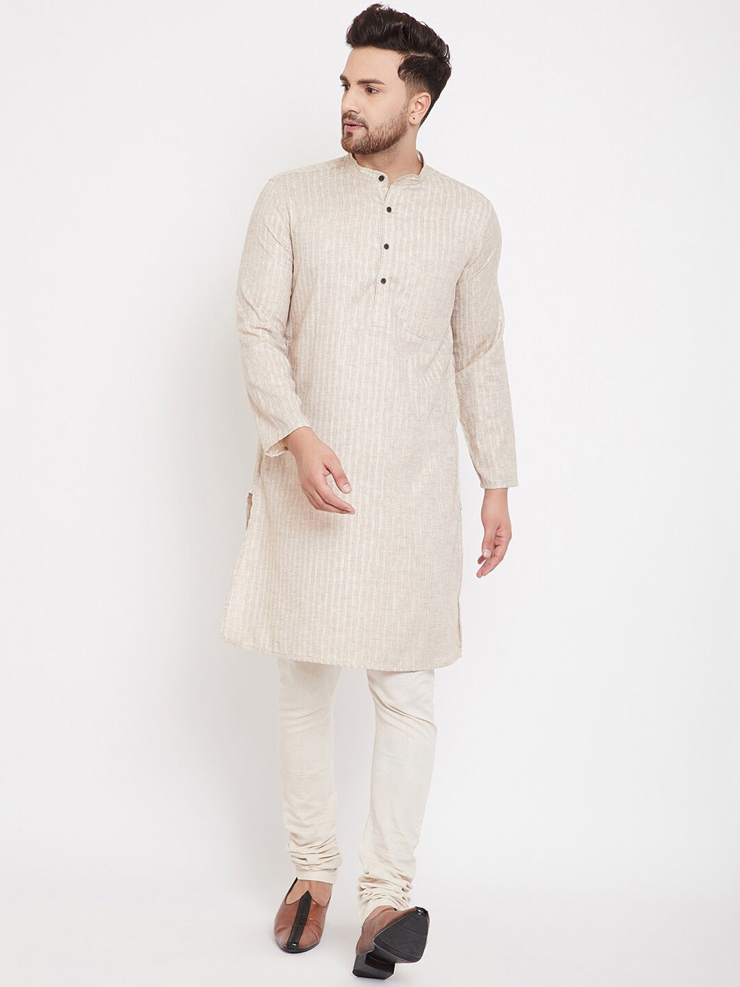 

even Men Beige Woven Design Straight Kurta