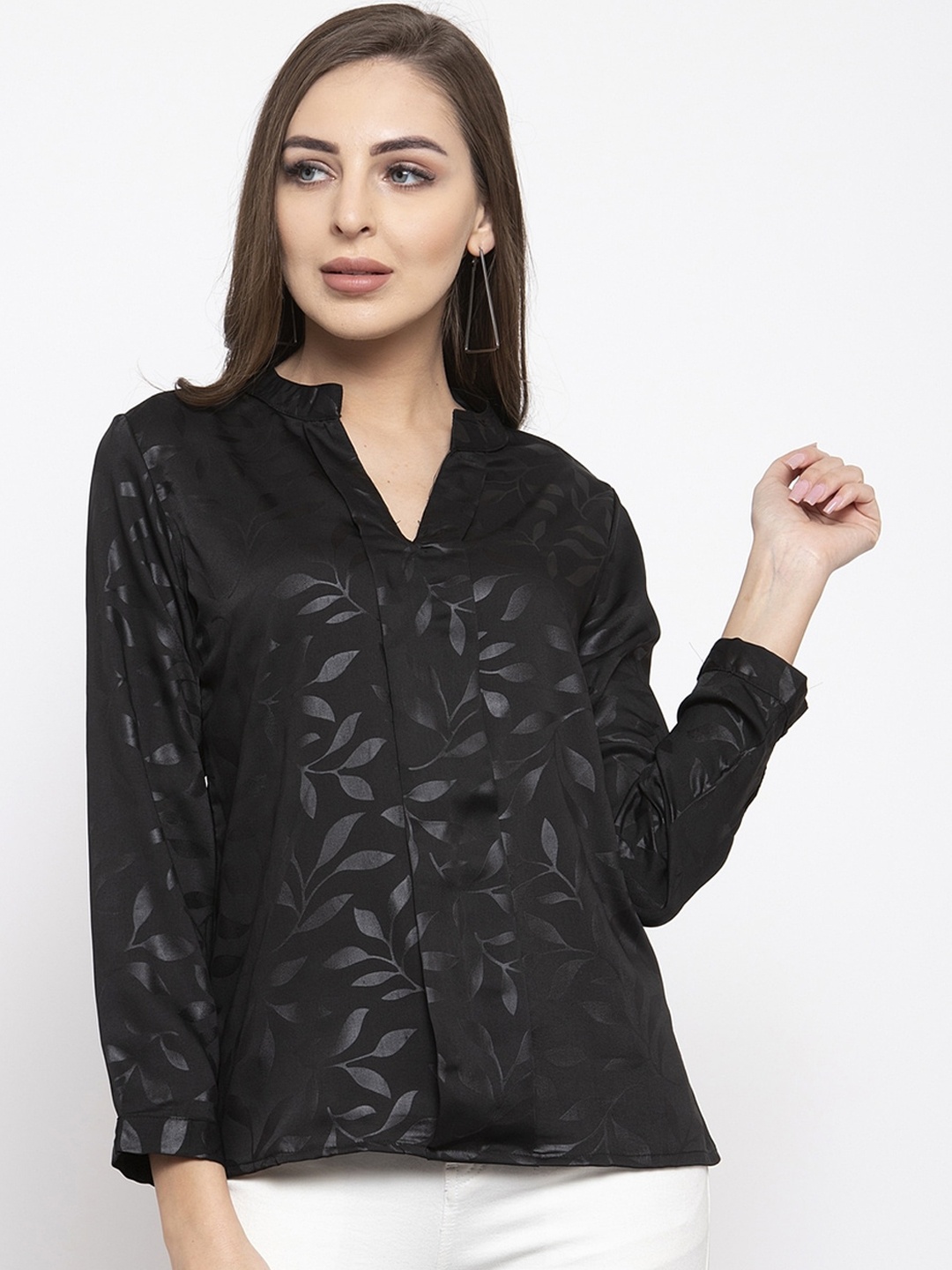 

Purple State Women Black Self Design Shirt Style Top