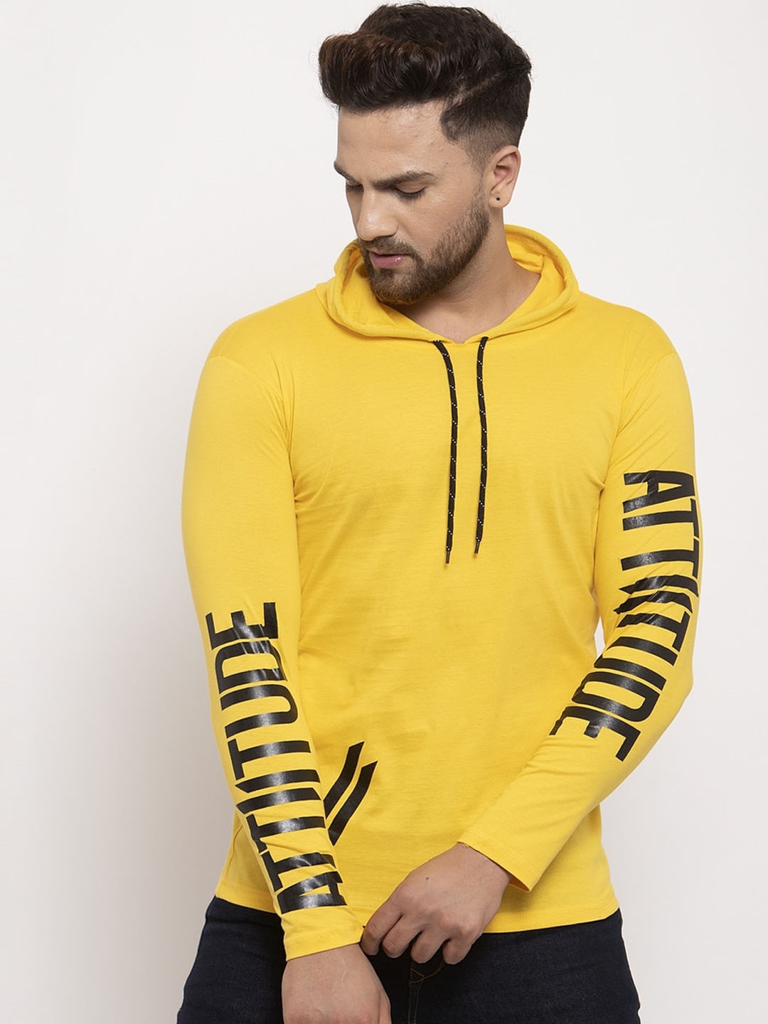 

KATSO Men Yellow Solid Hood T-shirt