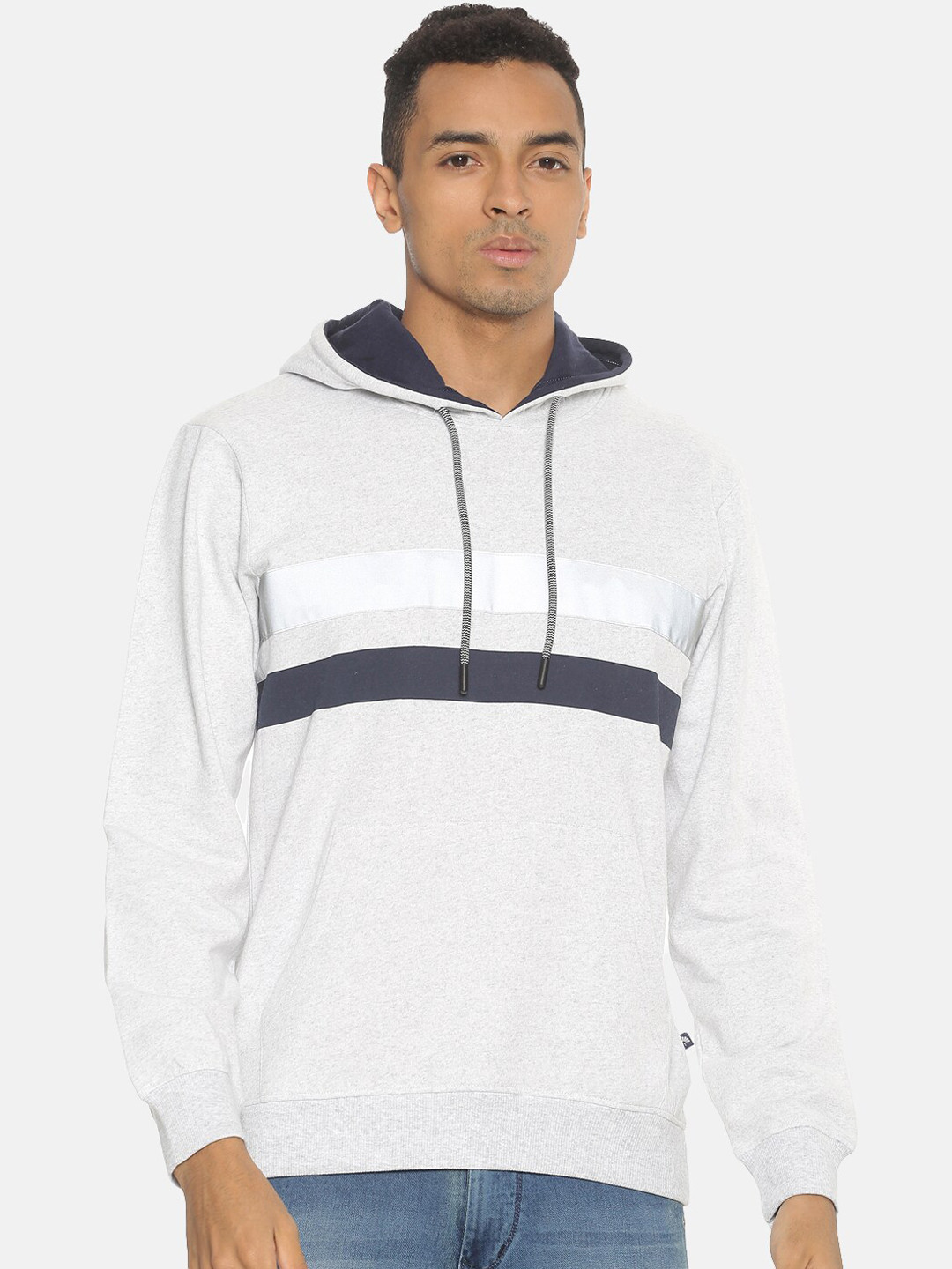 

Chennis Men Grey Melange Striped Hooded Sweatshirt