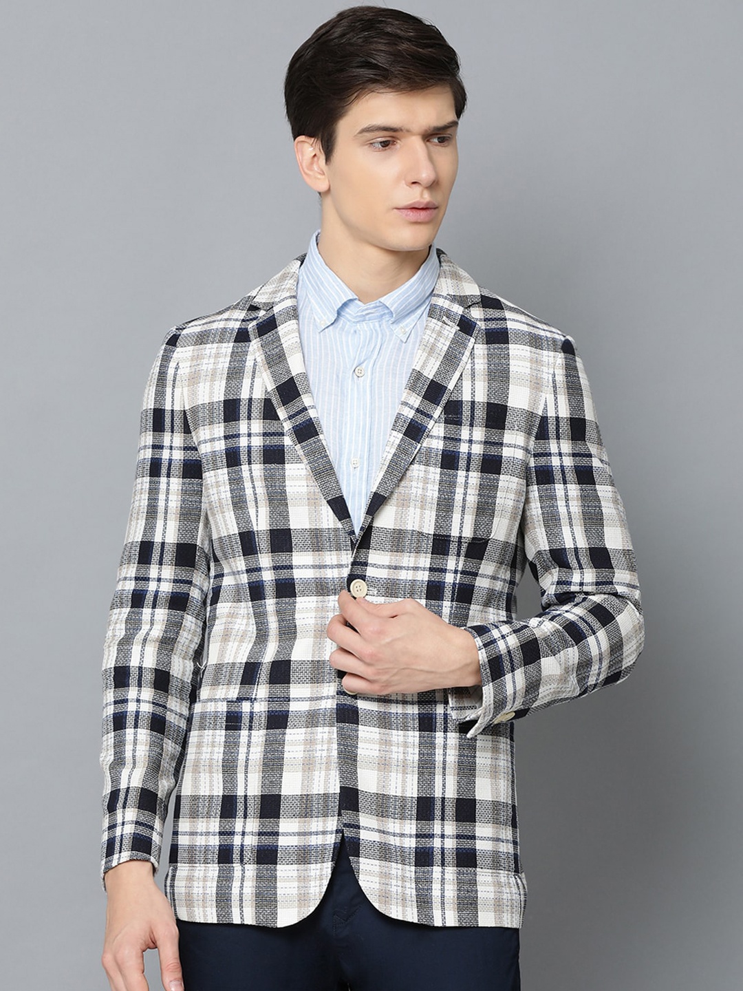 

GANT Men Beige & Grey Checked Linen Single-Breasted Casual Blazer